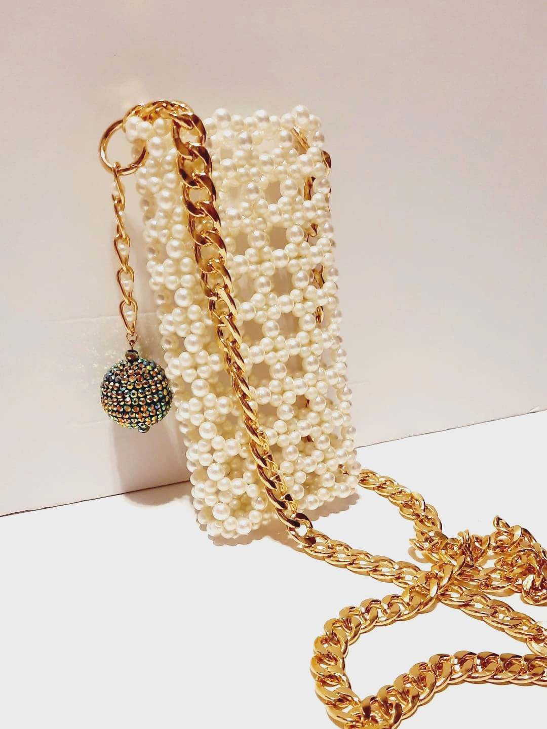 Handmade Pearl Beaded Cell Phone Bag with Gold Chain, Mobile Phone Bag Crossbody