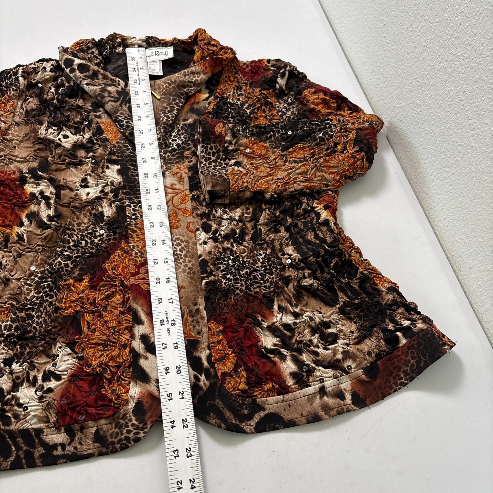 Joseph Ribkoff Jacket Womens Size 16 Brown Black Animal Print Sequin Zip Ruched