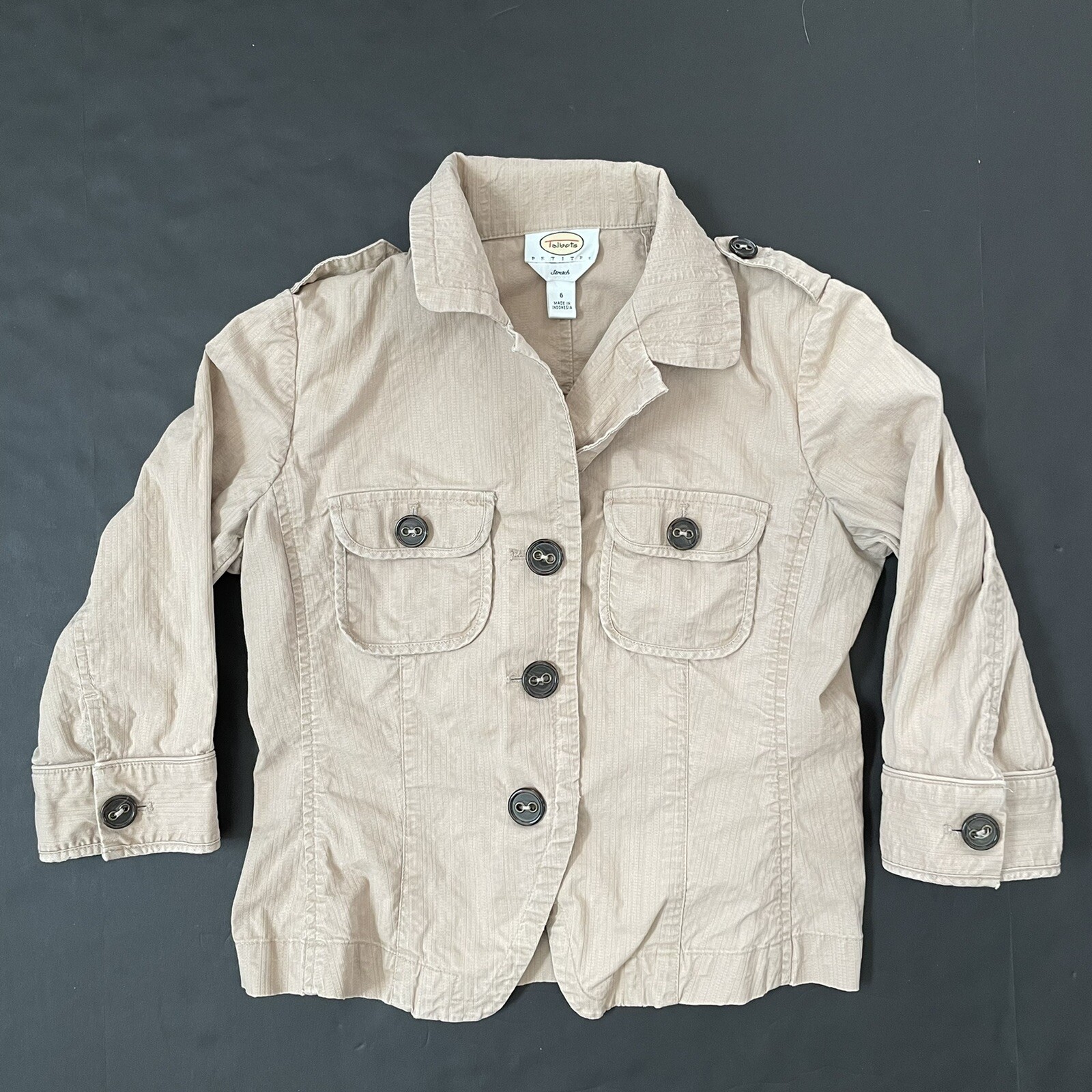 Talbots Women Petites 6 Safari Military Style Jacket Cotton Lycra Beige Pockets