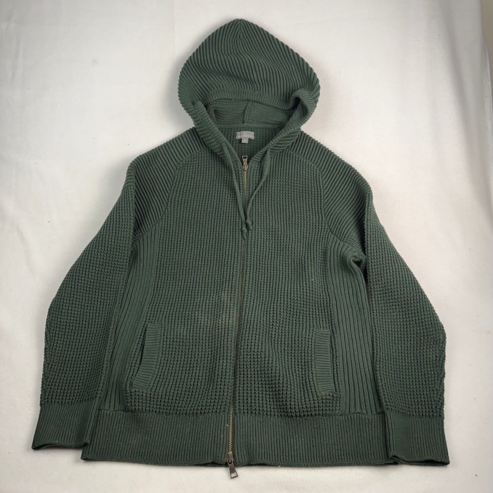 LL Bean Signature woman’s XL Green Waffle Knit Full Zip Hooded Sweater