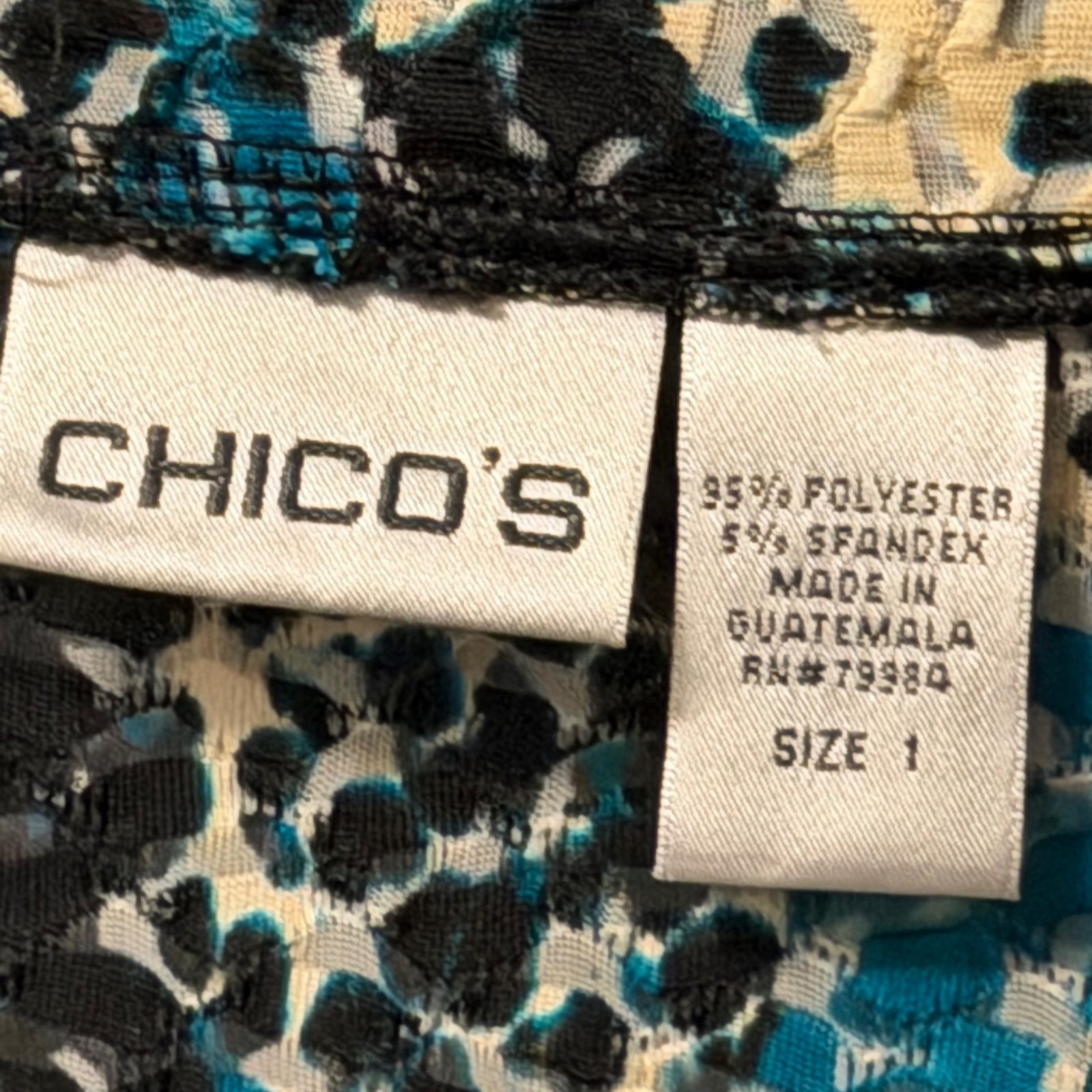 Chicos Open Front Cardigan Jacket Sz M Black Blue Beige Abstract Print