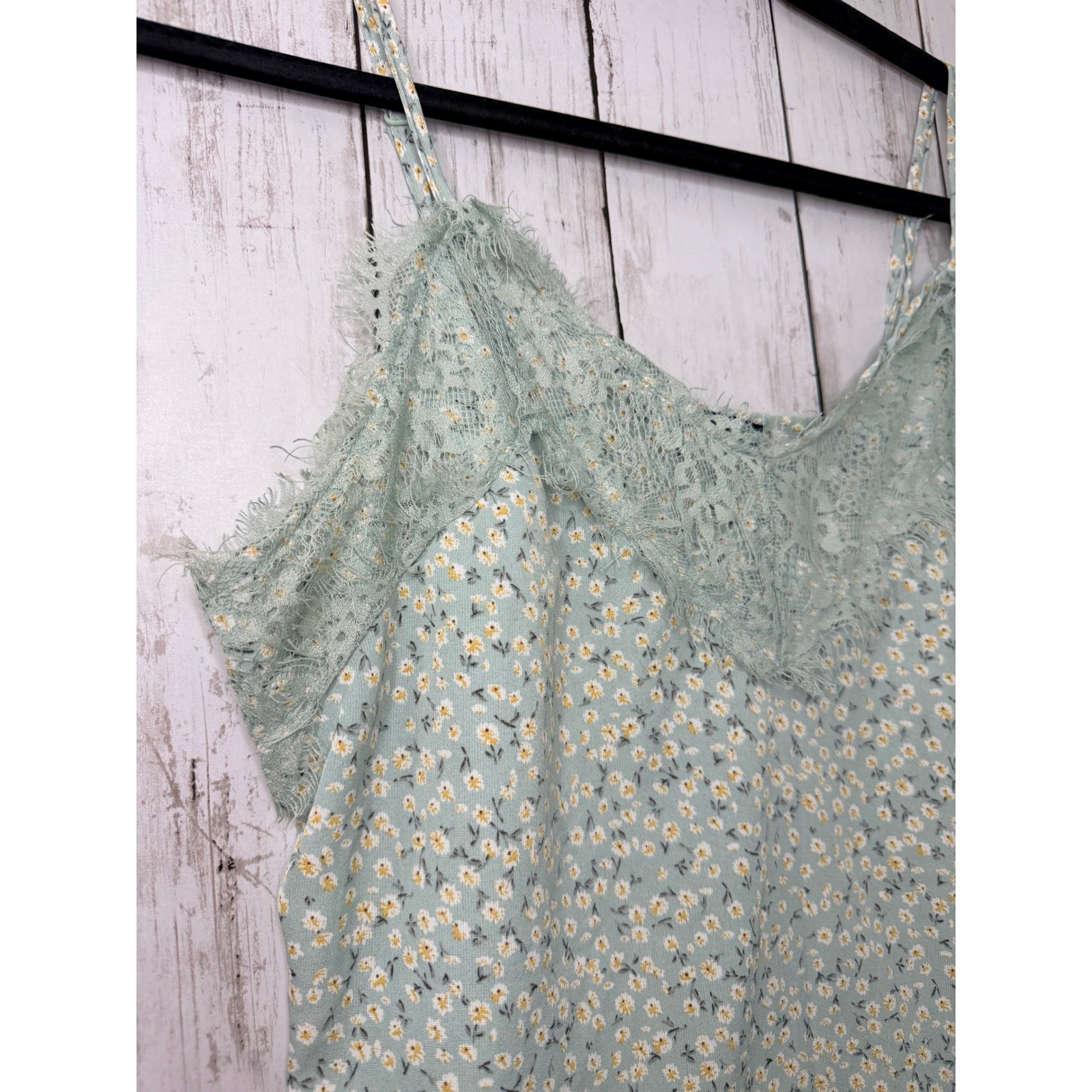 Papaya Sage Green Floral Daisy Lace Trim Camisole Top Large Adjustable Straps