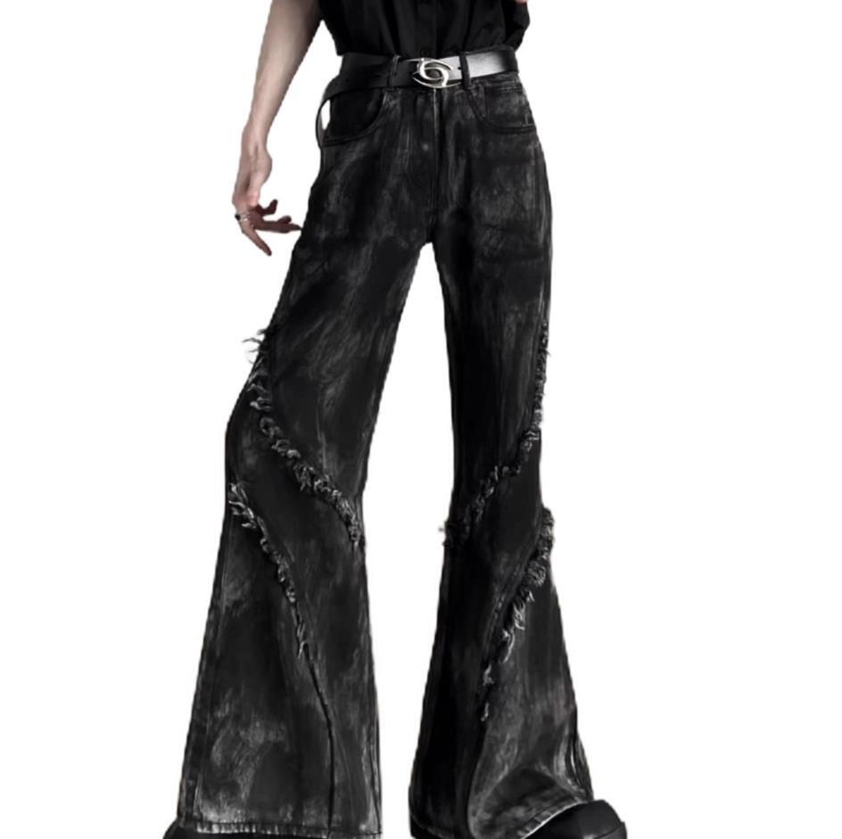 Men’s Black Denim Jeans Flared Casual Punk Hip Hop Trousers Tassels Pants New