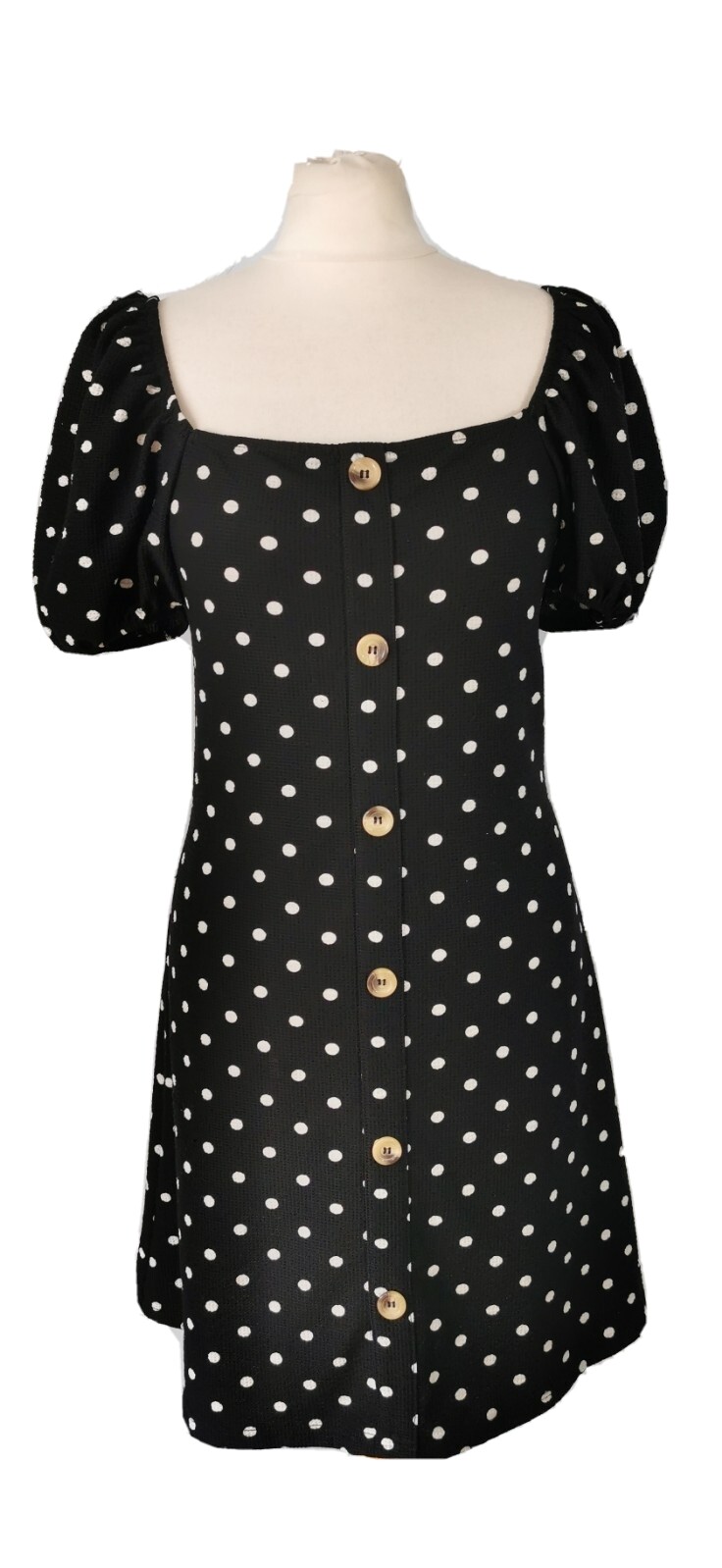 River Island Black Polka Dot Puff Sleeve Button Front Dress Size 14 Square Neck