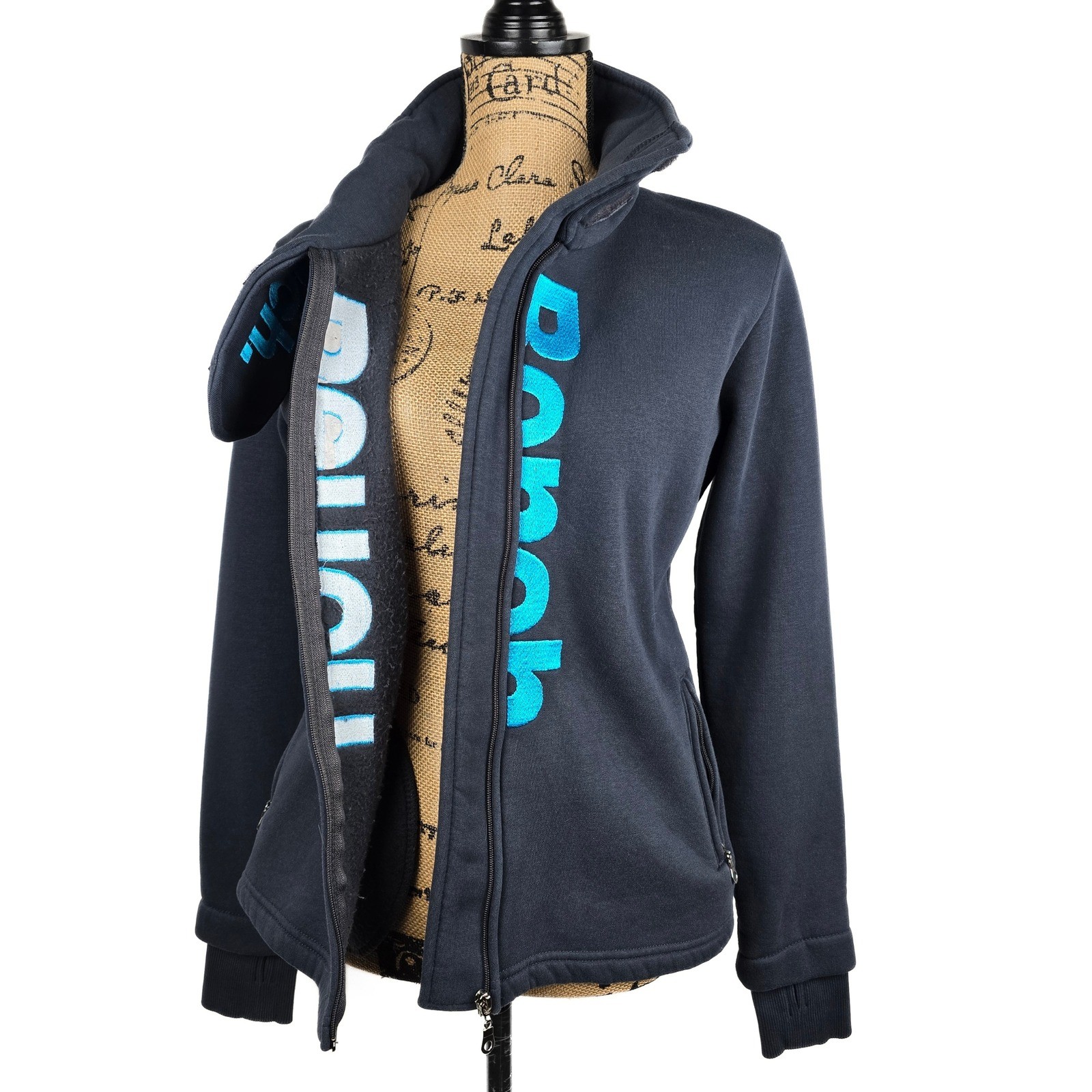 Bench Full Zip Grey Funnel Neck Teal Logo Thumbhole Sweatshirt Womens M