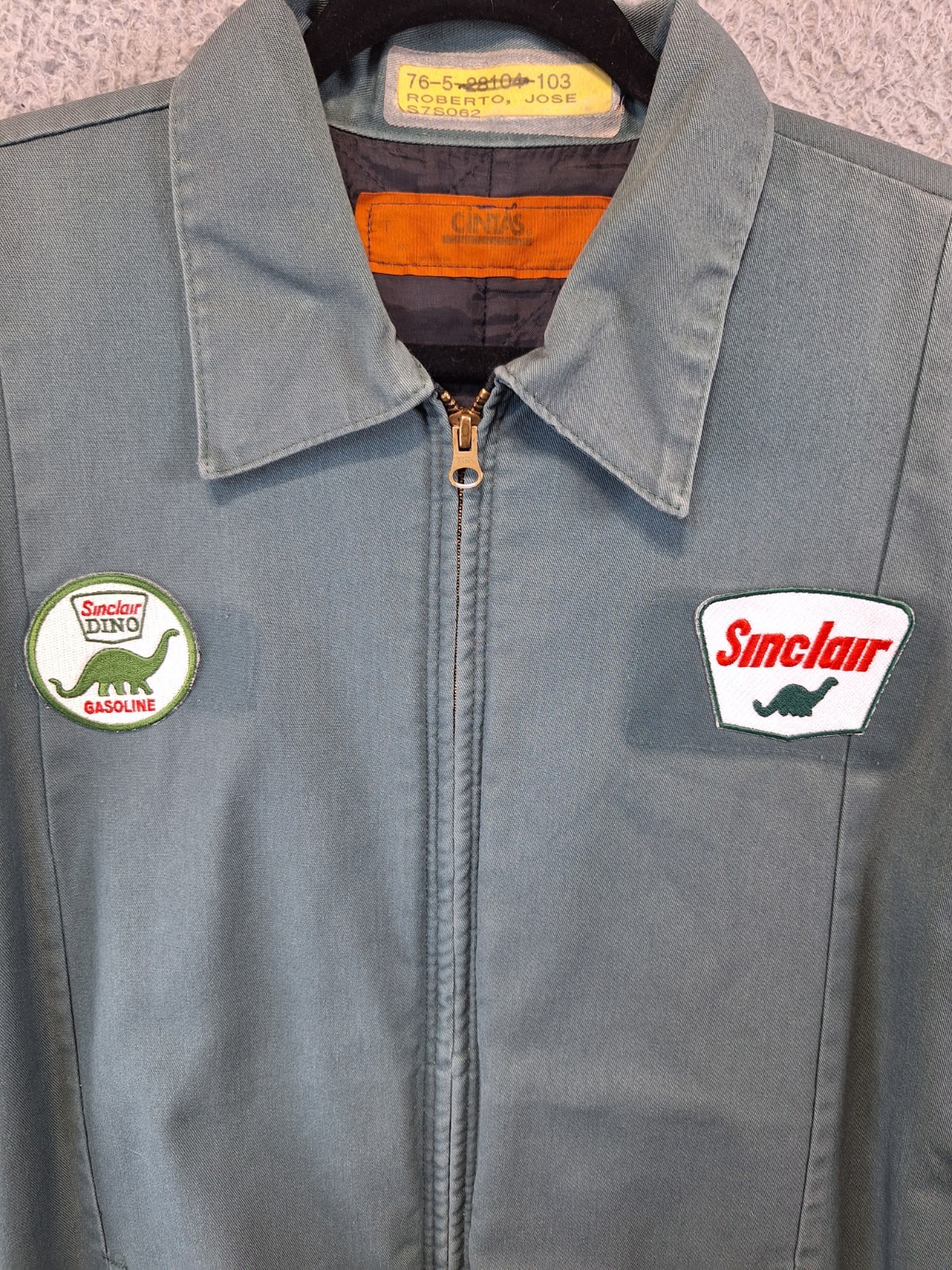 Vtg Cintas Jacket Sinclair Patches Service Work Mens L Gray Quilted Lined Zip Up