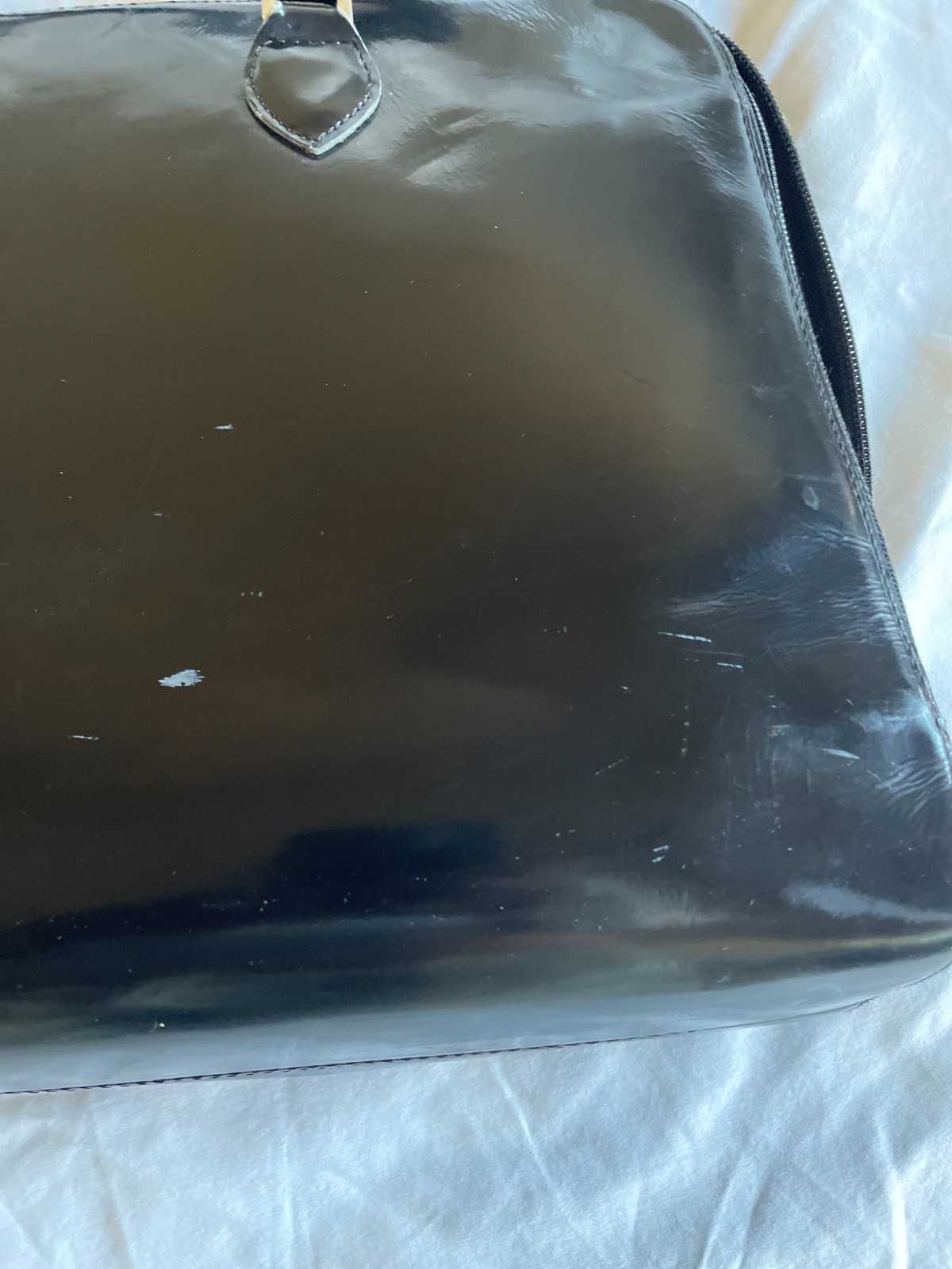 Vintage Black Furla Patent Leather Bag Straps Inside Pockets 11″H x 17″W x 4″D