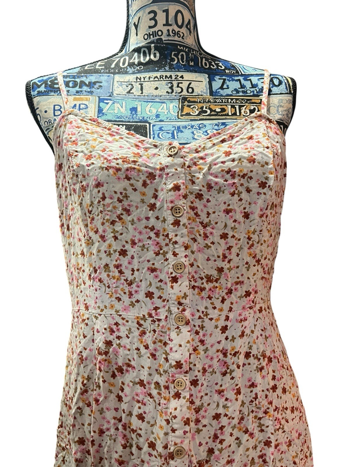 Ditsy Floral White Printed Spaghetti Strap Tea Party Dainty Button Dress Sz XL