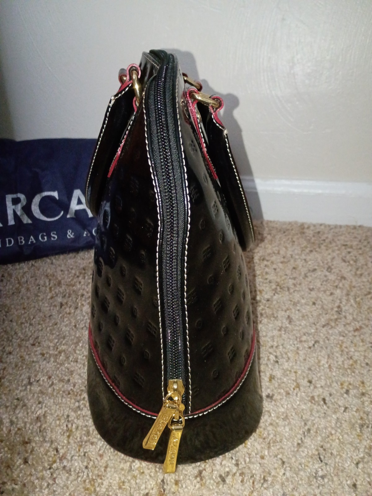 Arcadia Black Patent Pink Trim Zip Top Handle Satchel, Made in Italy, Dust Bag