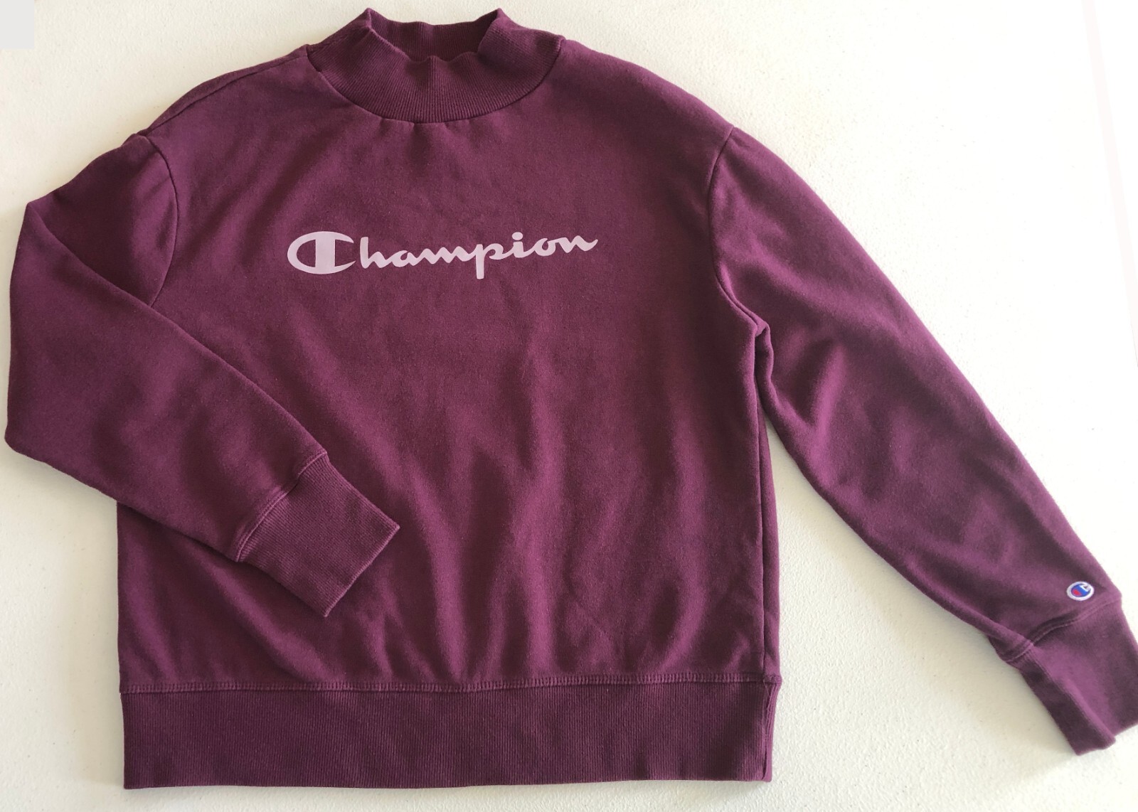 vtg Champion Mock Neck Sweatshirt Sz S Dark Magenta Cotton Blend Crop LOGO