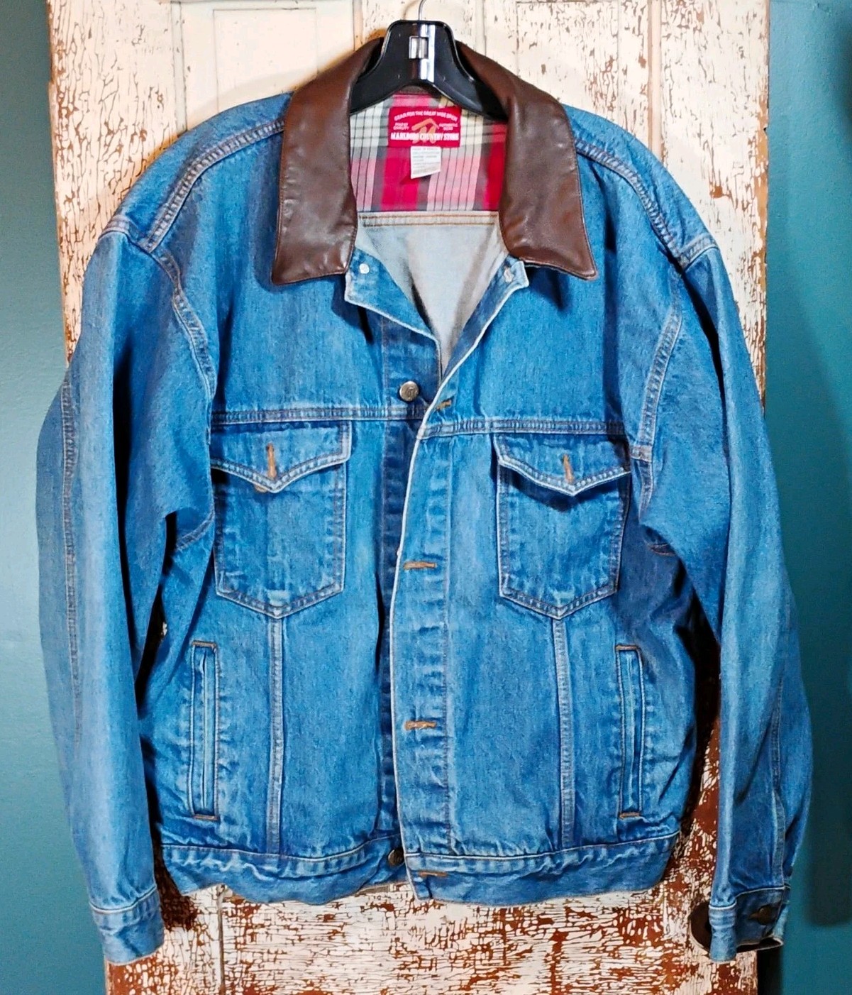 Vintage Marlboro Country Store Blue denim mens jacket leather collar L