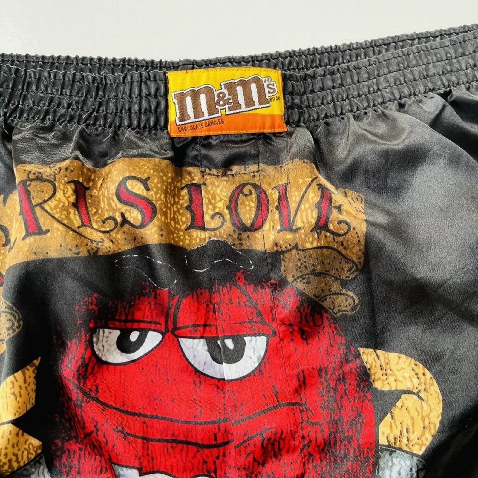 Vintage M&M’s Boxer Shorts XXL 44-46 Black Satin Candy Print Lounge Sleepwear
