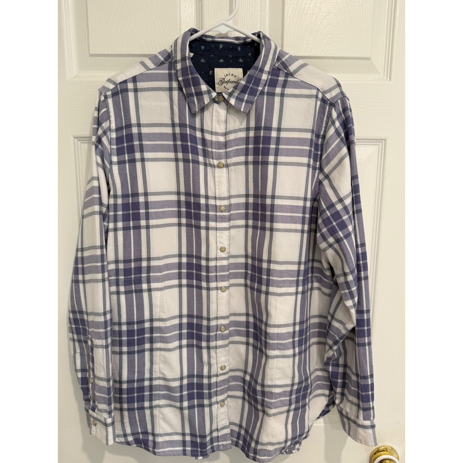 Jachs Girlfriend Womens Large Plaid Flannel Snap Front Shirt Blue White Fleece