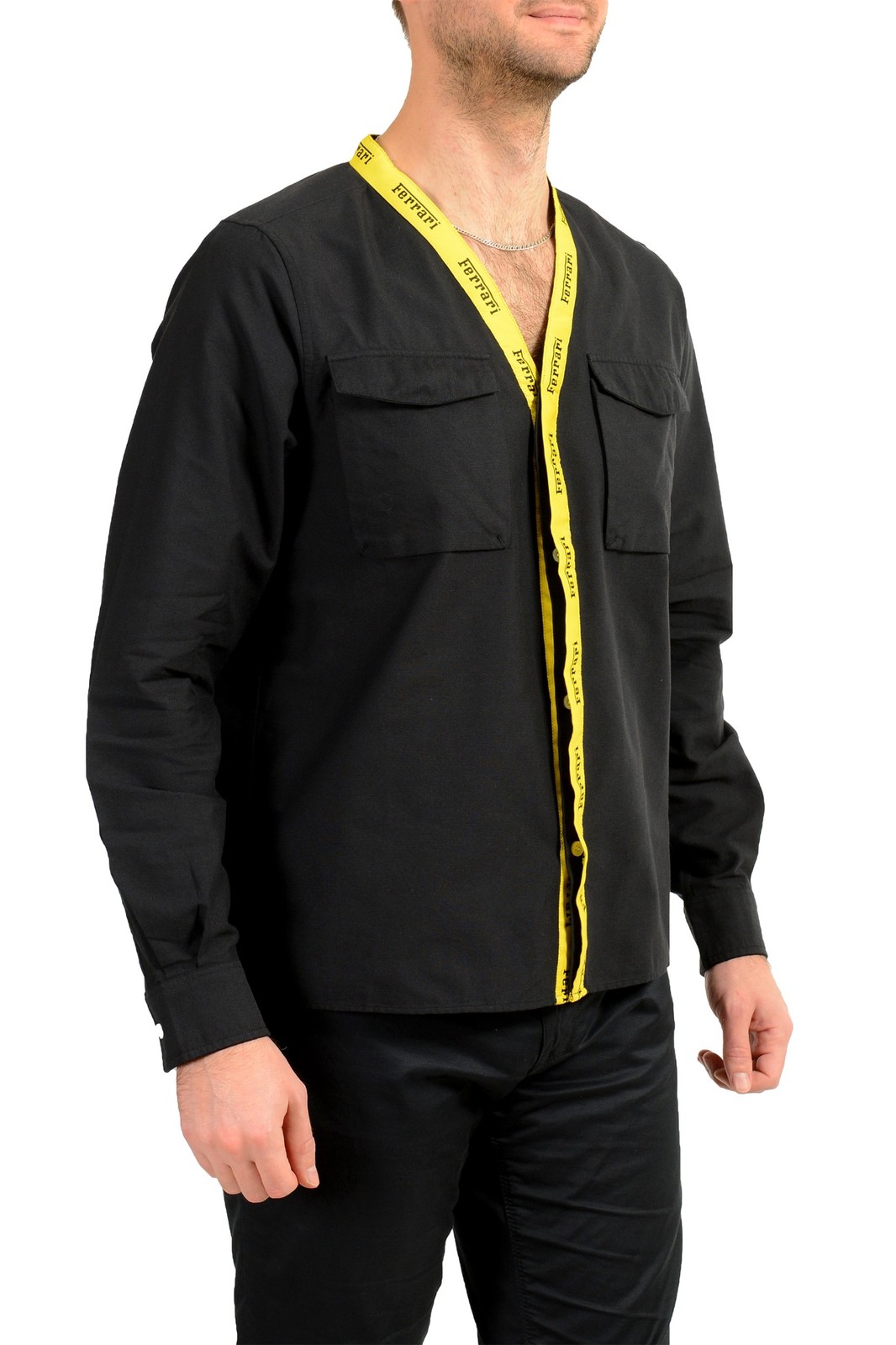 Scuderia Ferrari Men’s Black Collarless Oxford Caban Shirt US XL IT 54