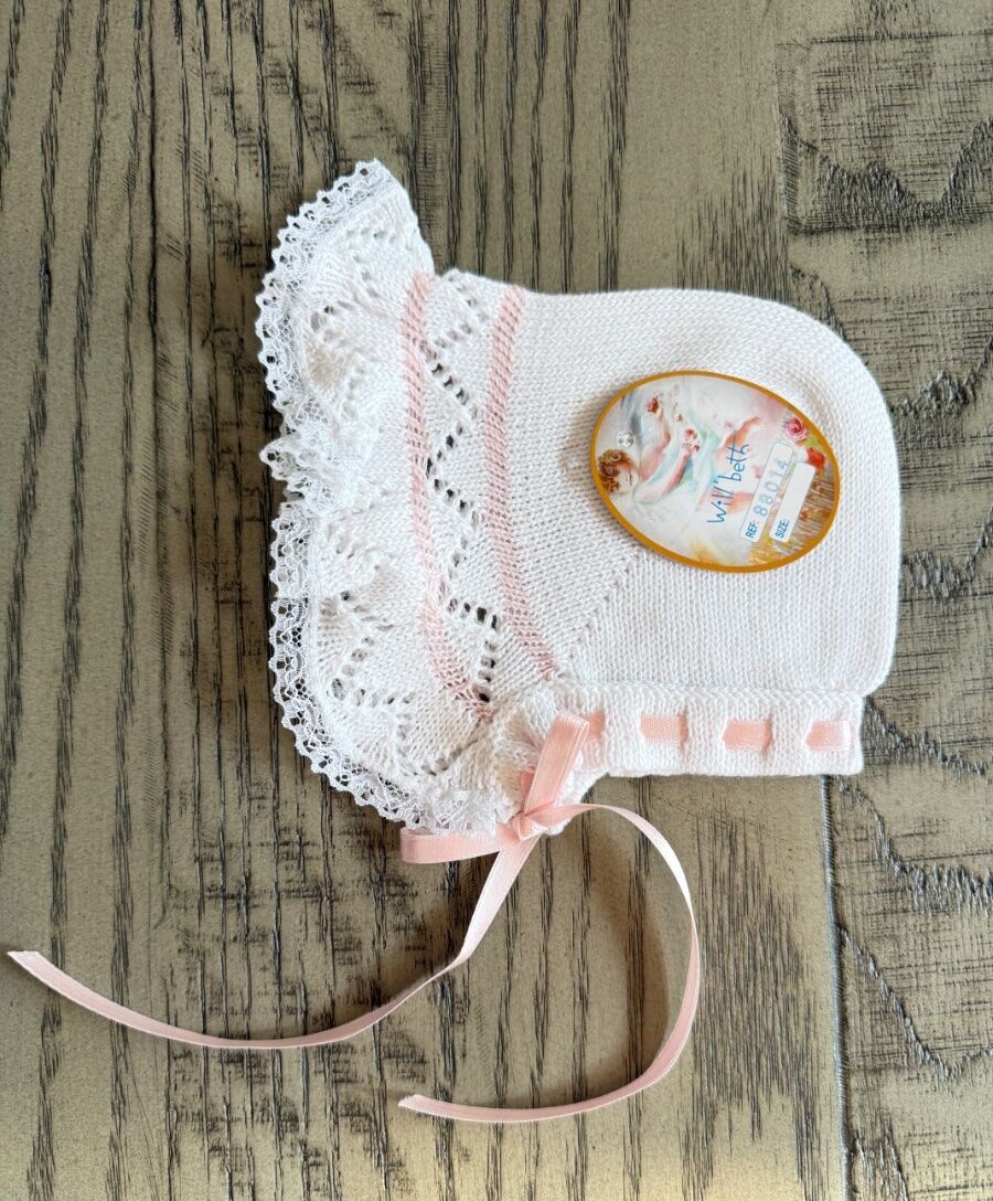 Will’beth Newborn Girl Delicate White & Pink Knit Bonnet Baby Bonnet NWT Sz 0