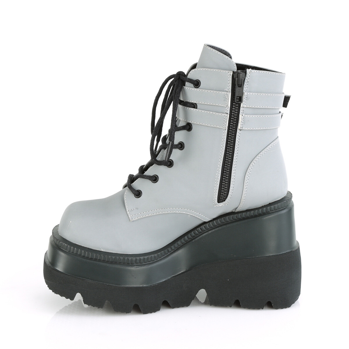 DEMONIA SHAKER-52 4 1/2″ Wedge Platform Gothic Grey Reflective Women Ankle Boots