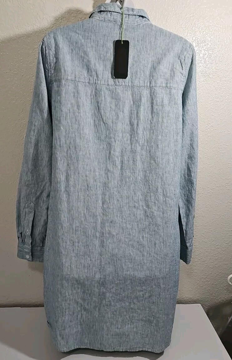 NWT Freedom Trail By Kyodan Large Shirt Dress Linen Blend Pinstripe Blue White