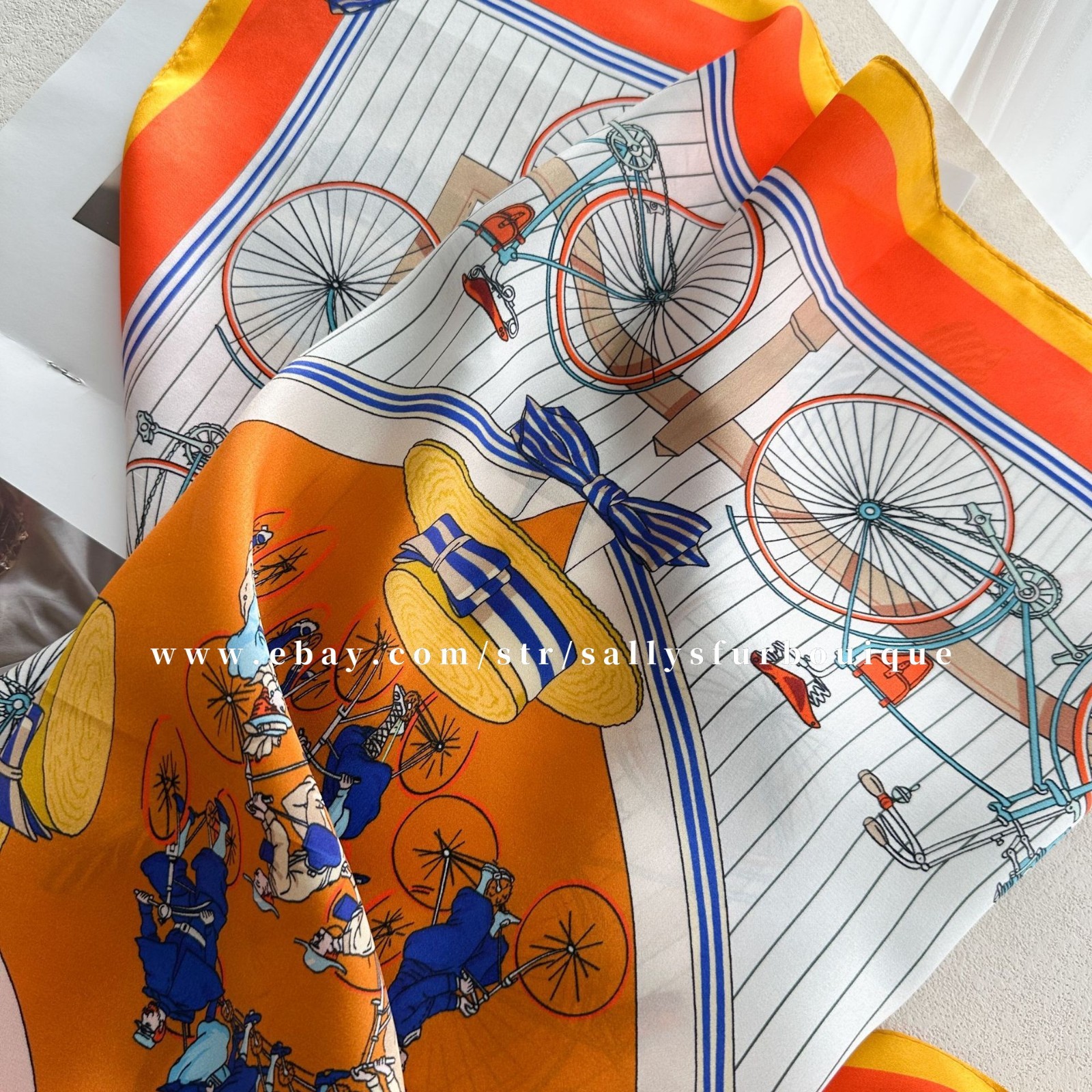 100% Satin Silk Bandanna Bicycle Print Necktie Collar Scarf 65cm Orange