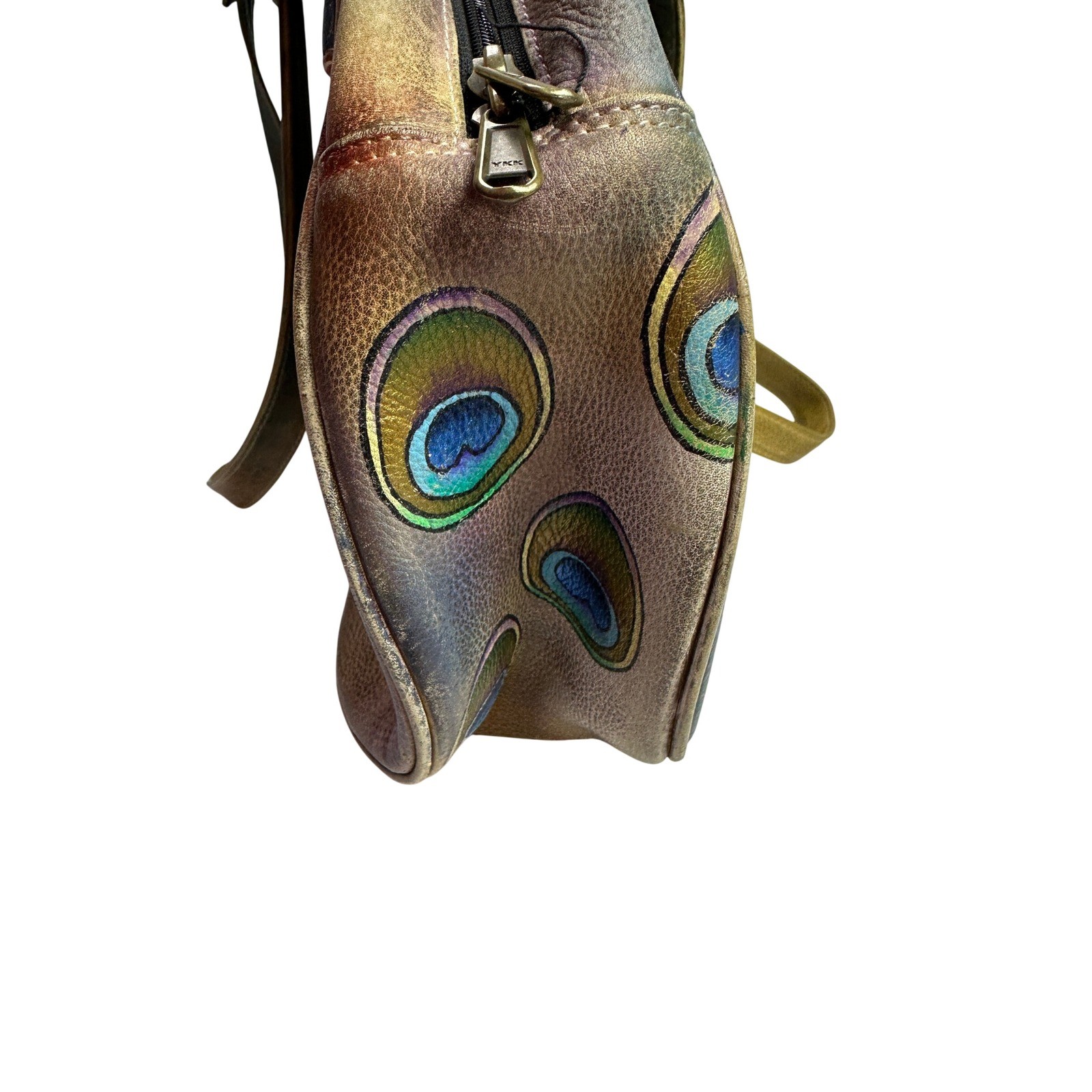 Anuschka Hand Painted Leather Peacock Riveted Floral Shoulder Hand Bag KC