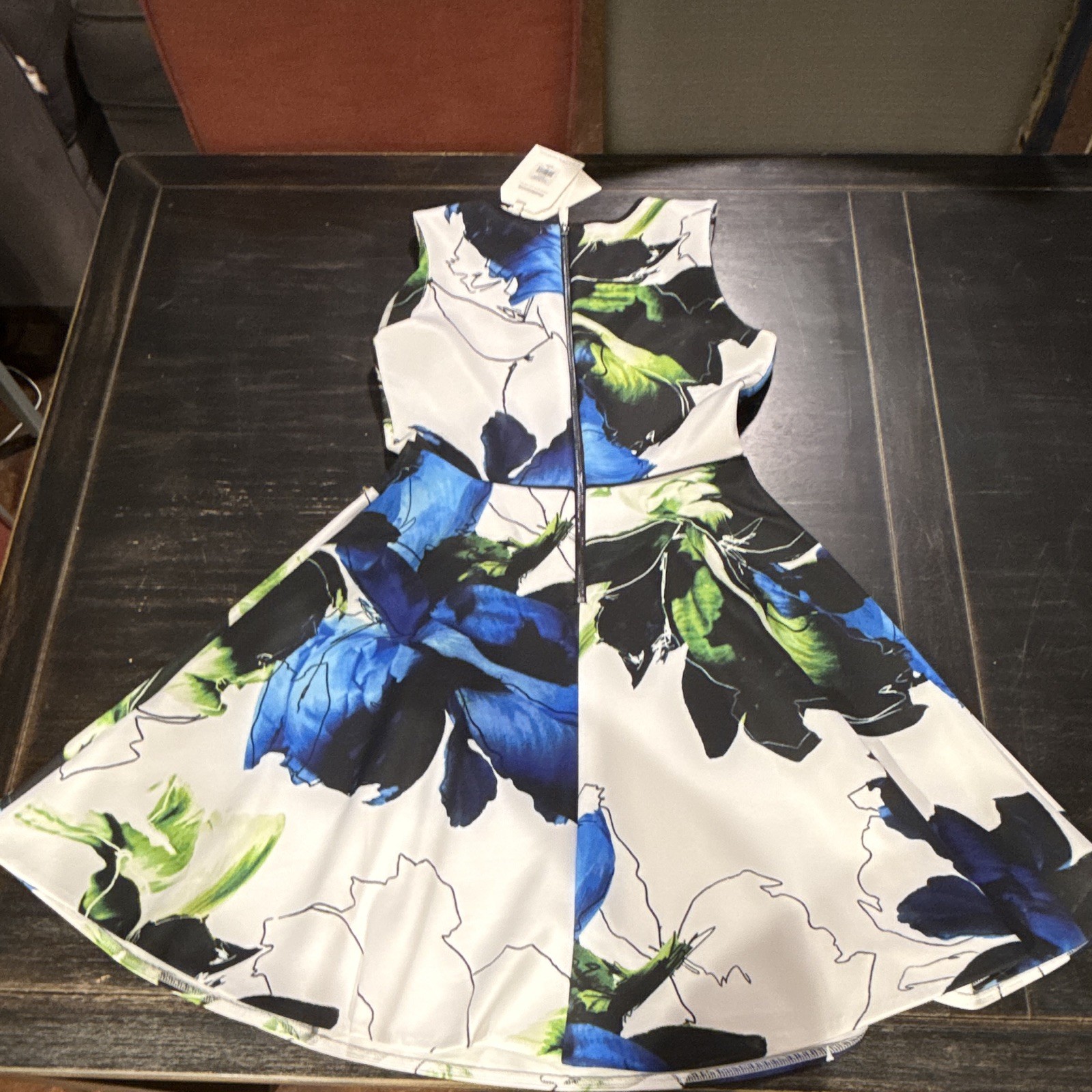 REED Women’s Fit & Flare V-Neck Sleeveless Floral Zip Dress White Blue S