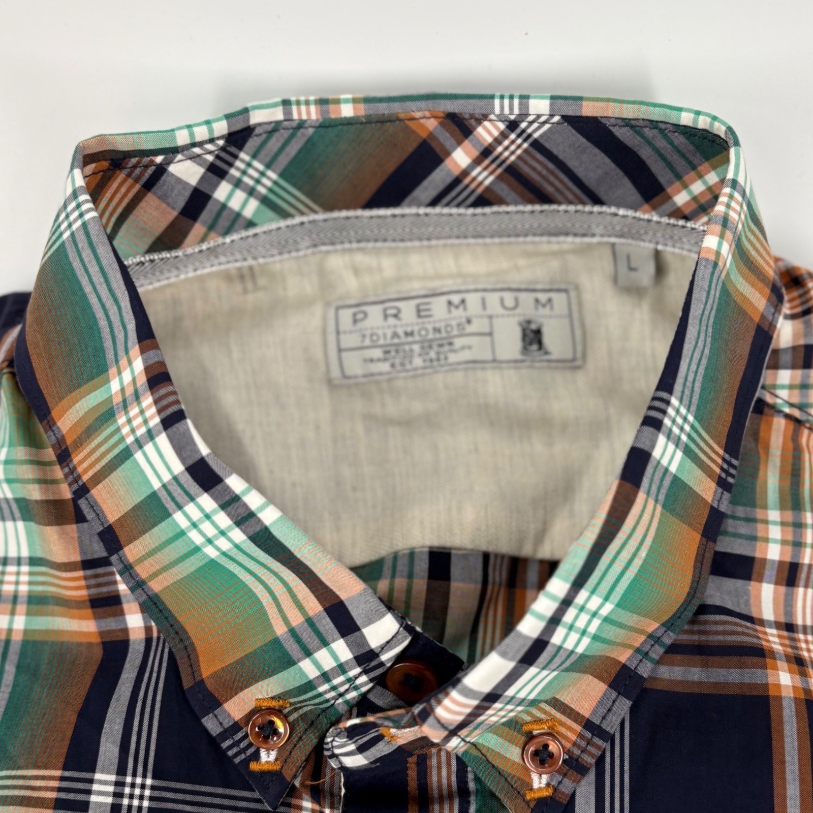 7 Diamonds Premium Mens Plaid Button Down Shirt L Pretzel Logic Navy Orng Green