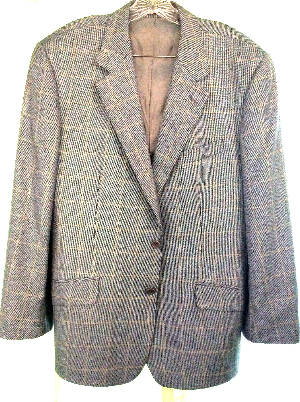 MENS SZ 44 R E. THOMAS COAT SUIT JACKET SMOOTH Checks on Gray Wool Silk