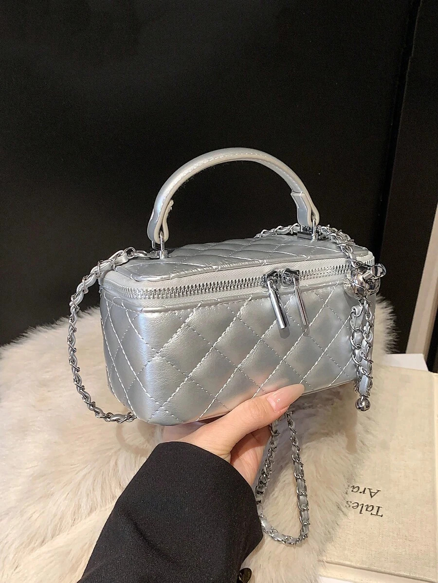 Mini Quilted Box Bag Rhinestone Embroidery Zipper Handbag Chain Strap Purse