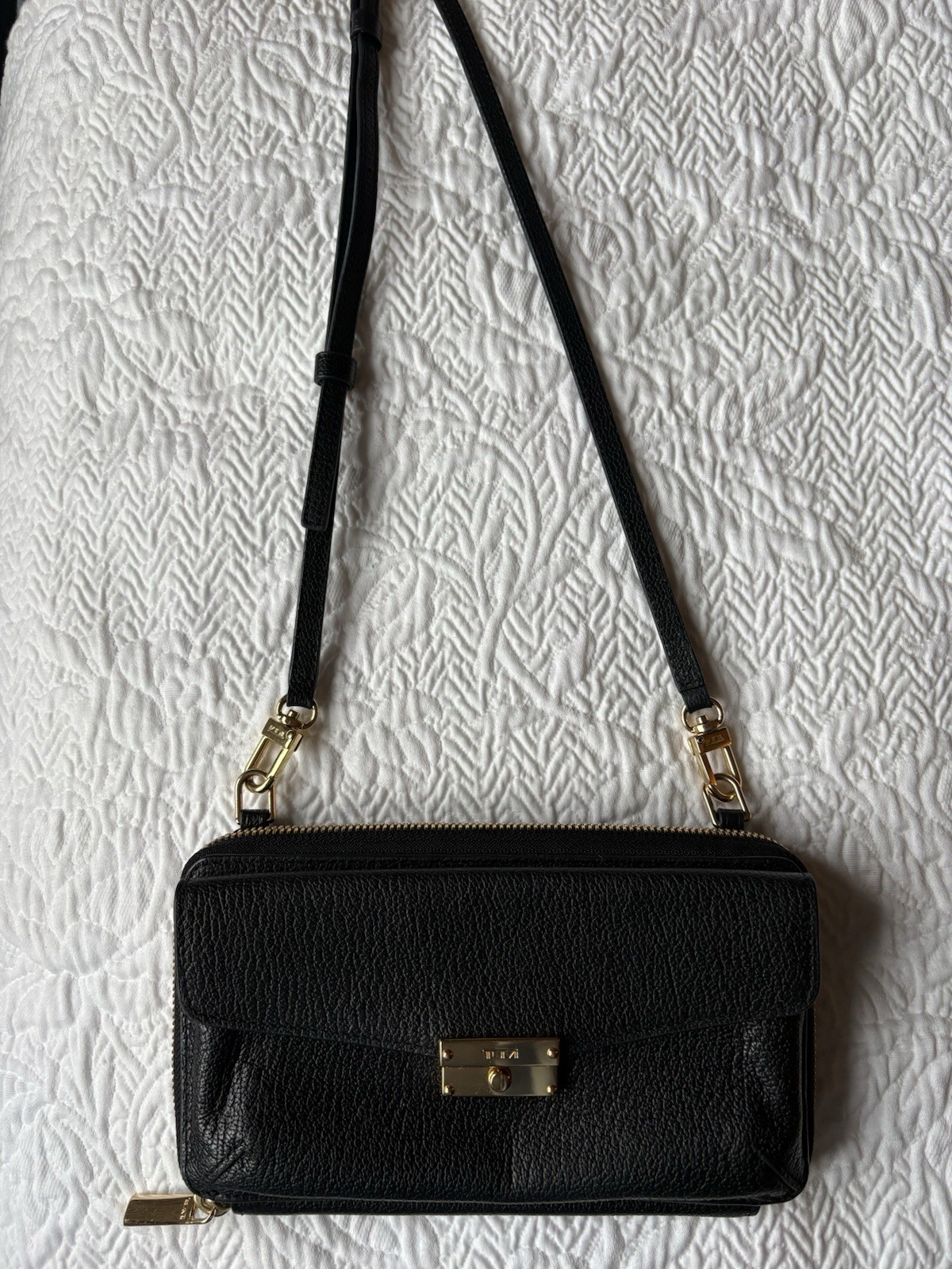 TUMI Black Pebbled Zip-Around Crossbody Wallet Bag Gold Hardware, Card Slots