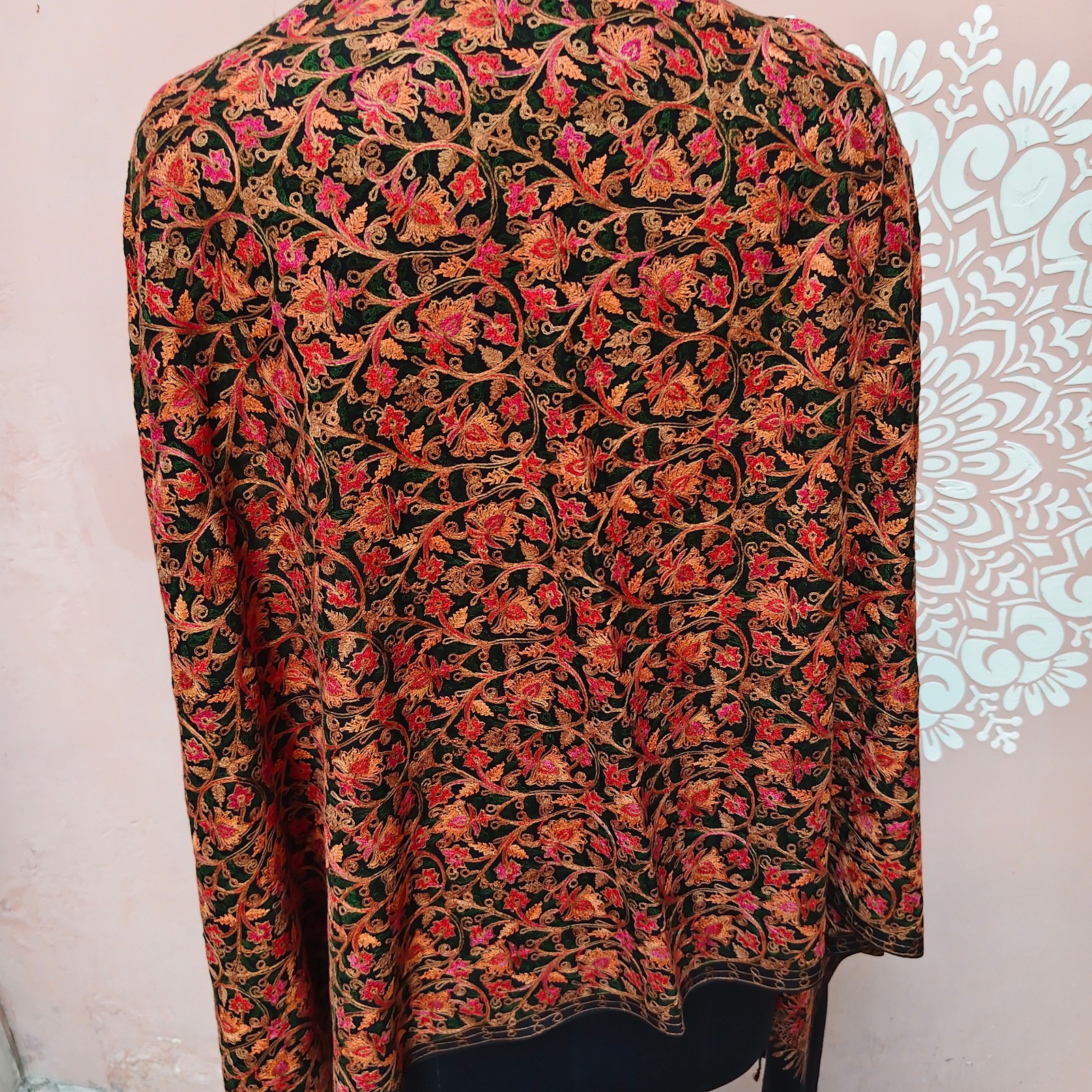 KASHMIRI BLACK CREWEL ALL EMBROIDERED FLORAL SILK PASHMINA STOLE