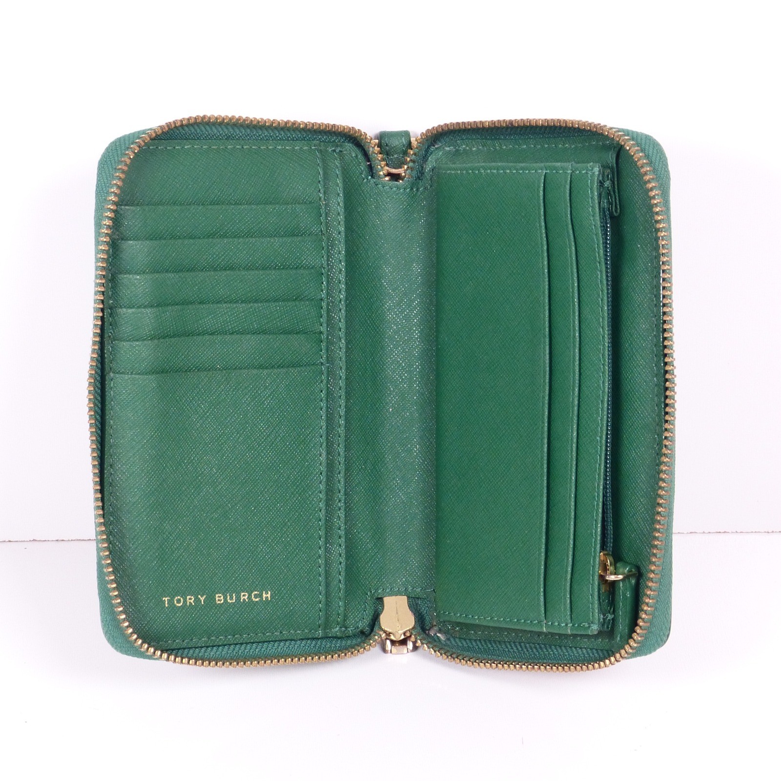 Tory Burch Green Zip Around Womens Wallet Card Slots Coin Pocket Saffiano READ