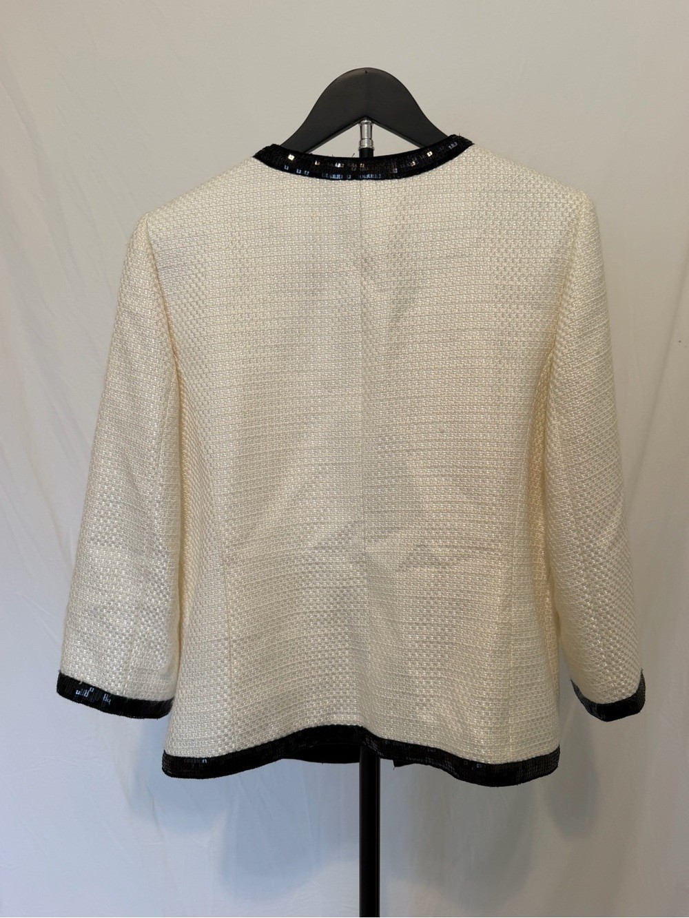 Tahari Arthur S. Levine Ivory Tweed Sequin Trim Open Front Jacket Blazer Size 10