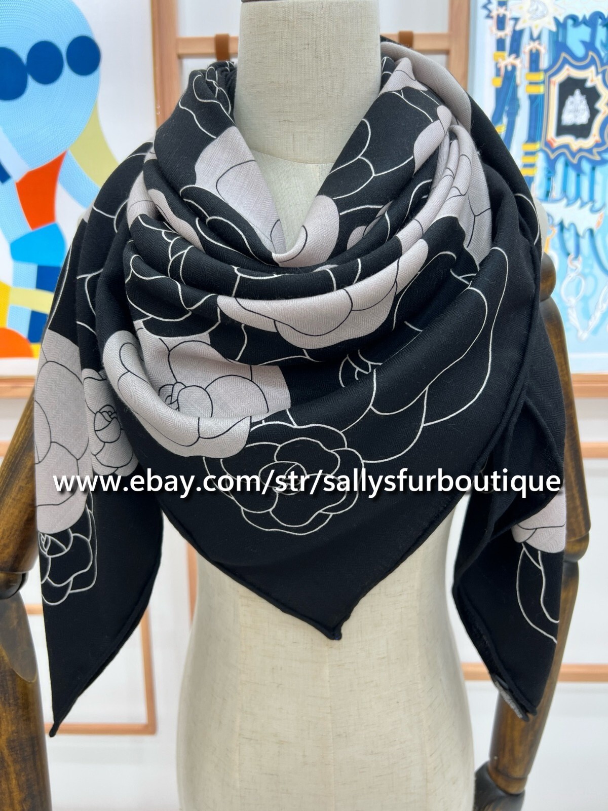 Sallys 70% Cashmere & 30% Silk Stole Camellia Print Double Face Scarf Shawl 53″