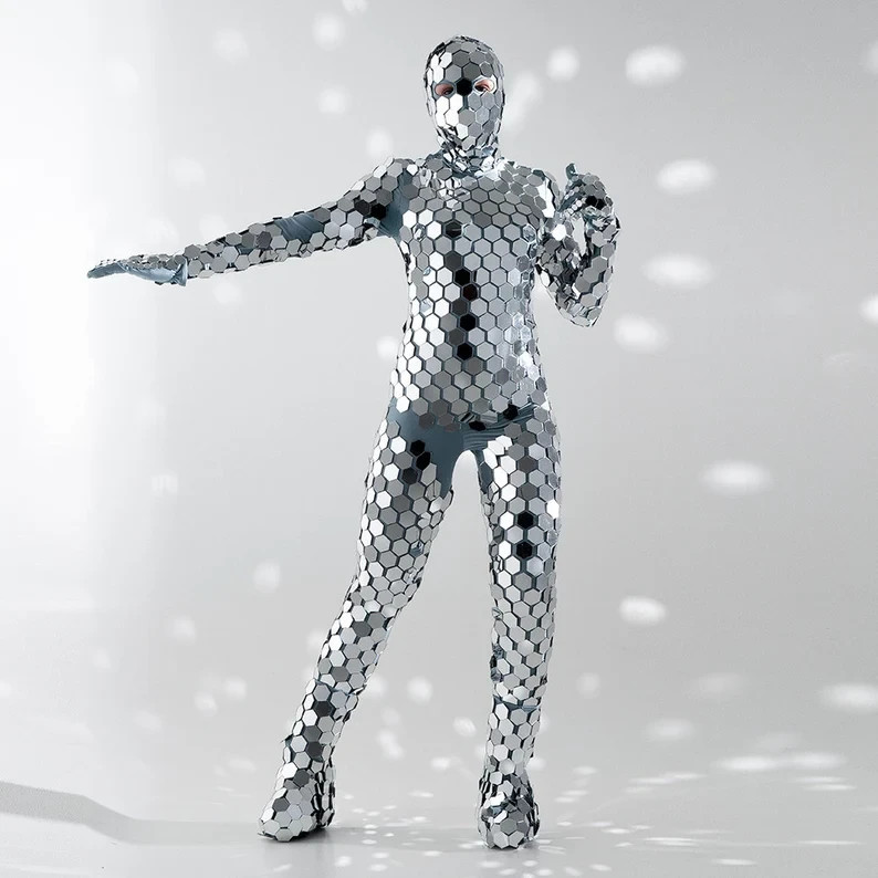 Silver rave sequin mirror bodysuit / disco ball leotard costume /circus aerial