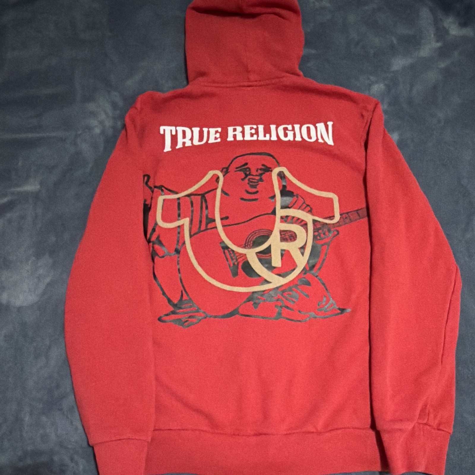 True Religion Men’s L Red Full Zip Logo Graphic Fleece Hoodie Pockets, No String
