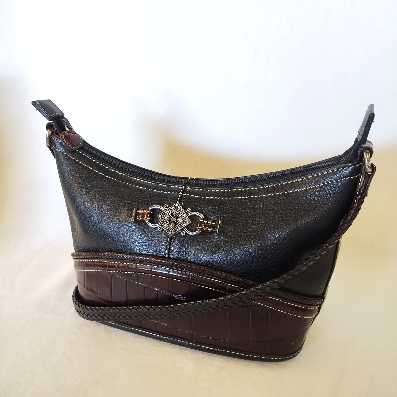 Brighton Black Brown Pewter Details Pebble Leather Shoulder Bag Purse 10.25″