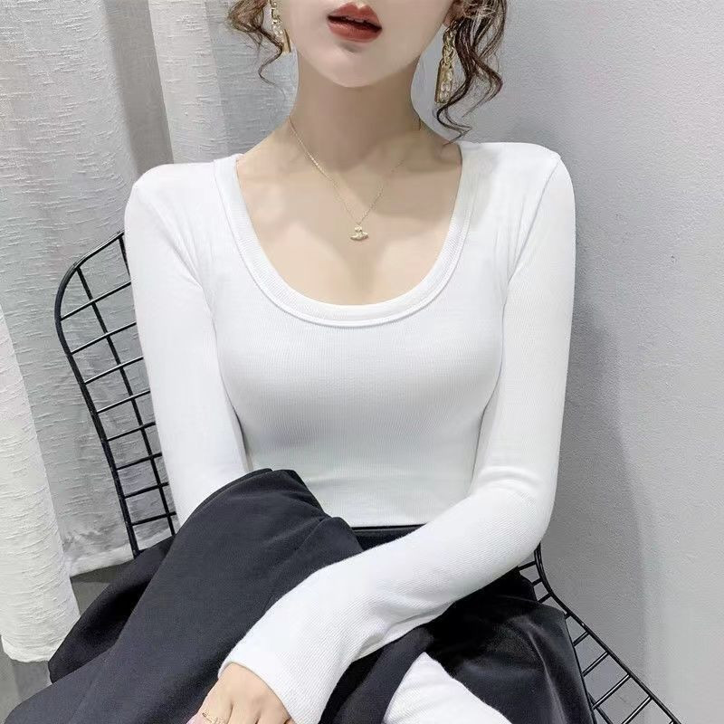 Lady Ribbed Basic Shirt Fit Stretch Low Cut Slim U-neck Plain Blouse Tee Shirt