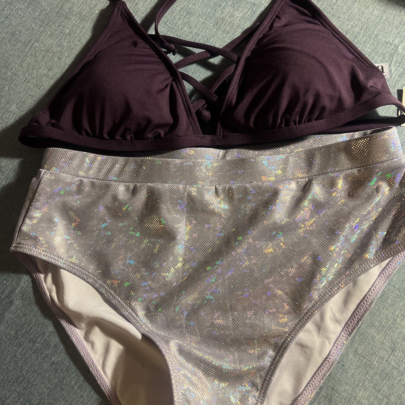 NWT Sz M Bikini A.N.A. Purple Mix Match Hologram Silver Shiny Hi-Waist Bottom