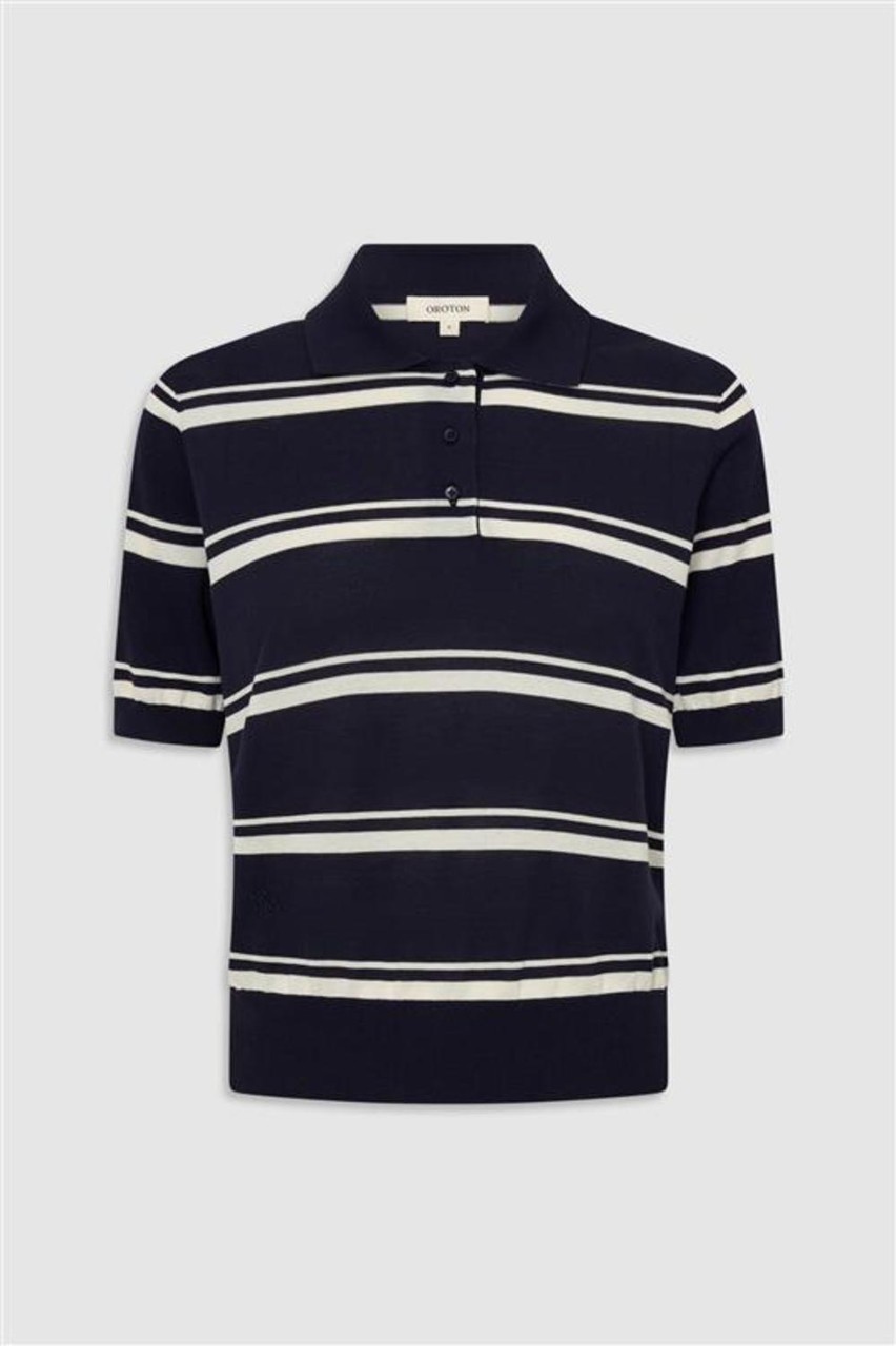 Oroton Short Sleeve Stripe Knit Polo North Sea Size M Pima Cotton Top NWOT