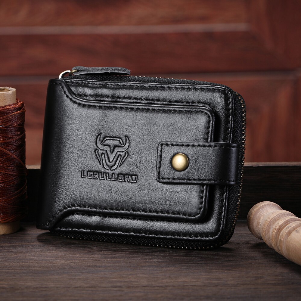 Men’s RFID Blocking Leather Zip Wallet Bifold with Coin Pocket & Card Slots
