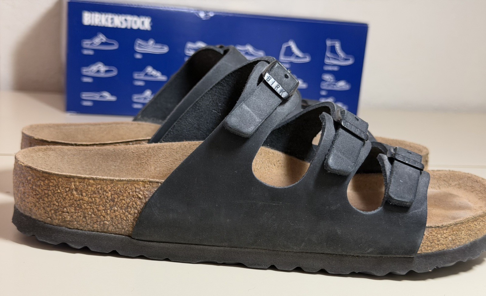 Birkenstock Florida Black Leather Sandals EU 39 Soft Regular Fit READ EXCELLENT