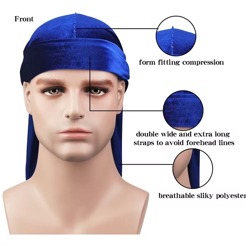 Luxury Velvet Durag Men Unisex Long Tail Soft Durag Head wraps 360 Waves Cap