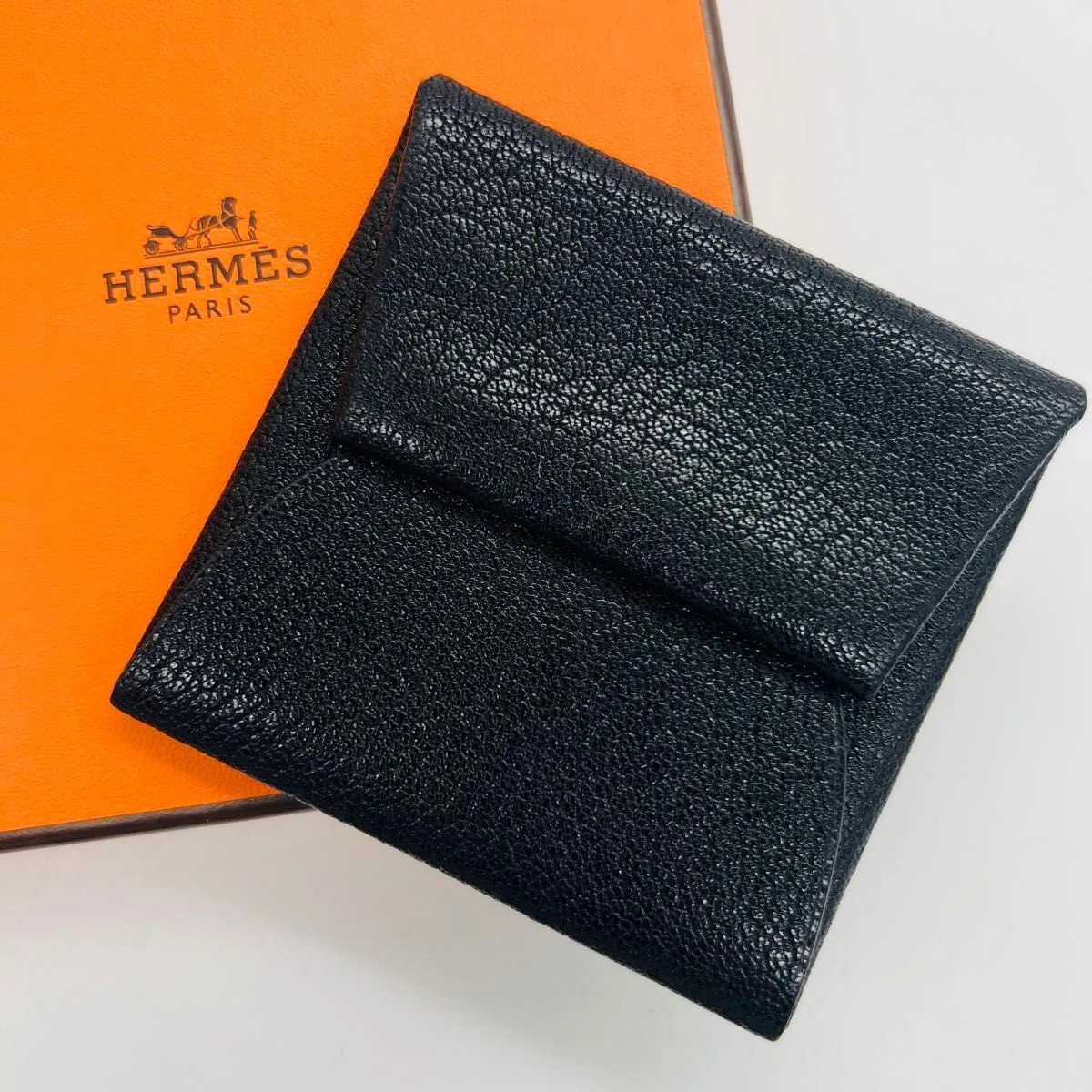 HERMES Bastia H-engraved Coin Purse Black Leather