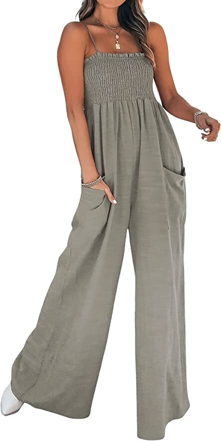 Women’s Summer Sleeveless Smocked Wide Leg One Piece Jumpsuit with Pockets
