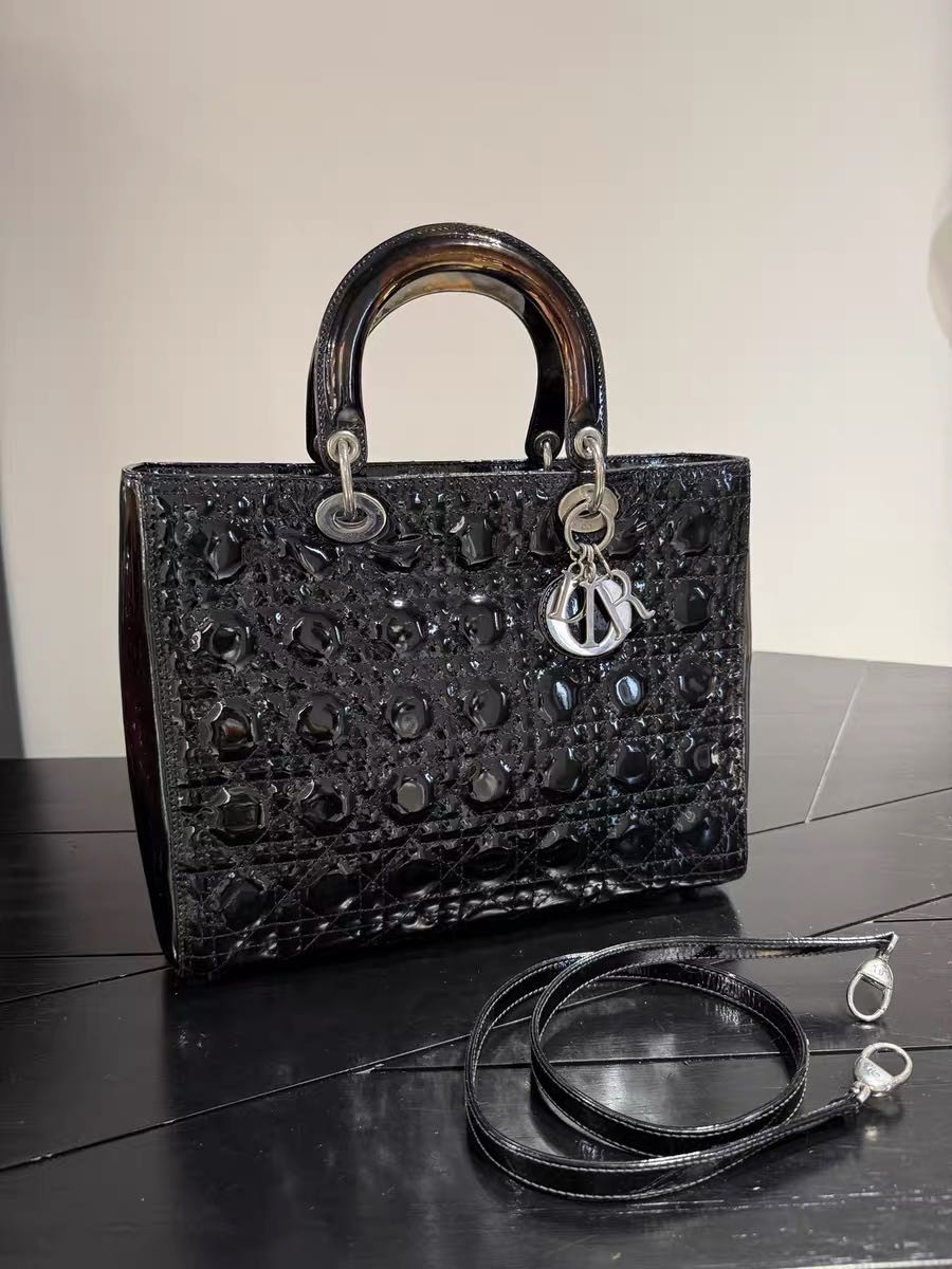 Authentic Christian Dior Black Patent Leather Lady Dior Bag