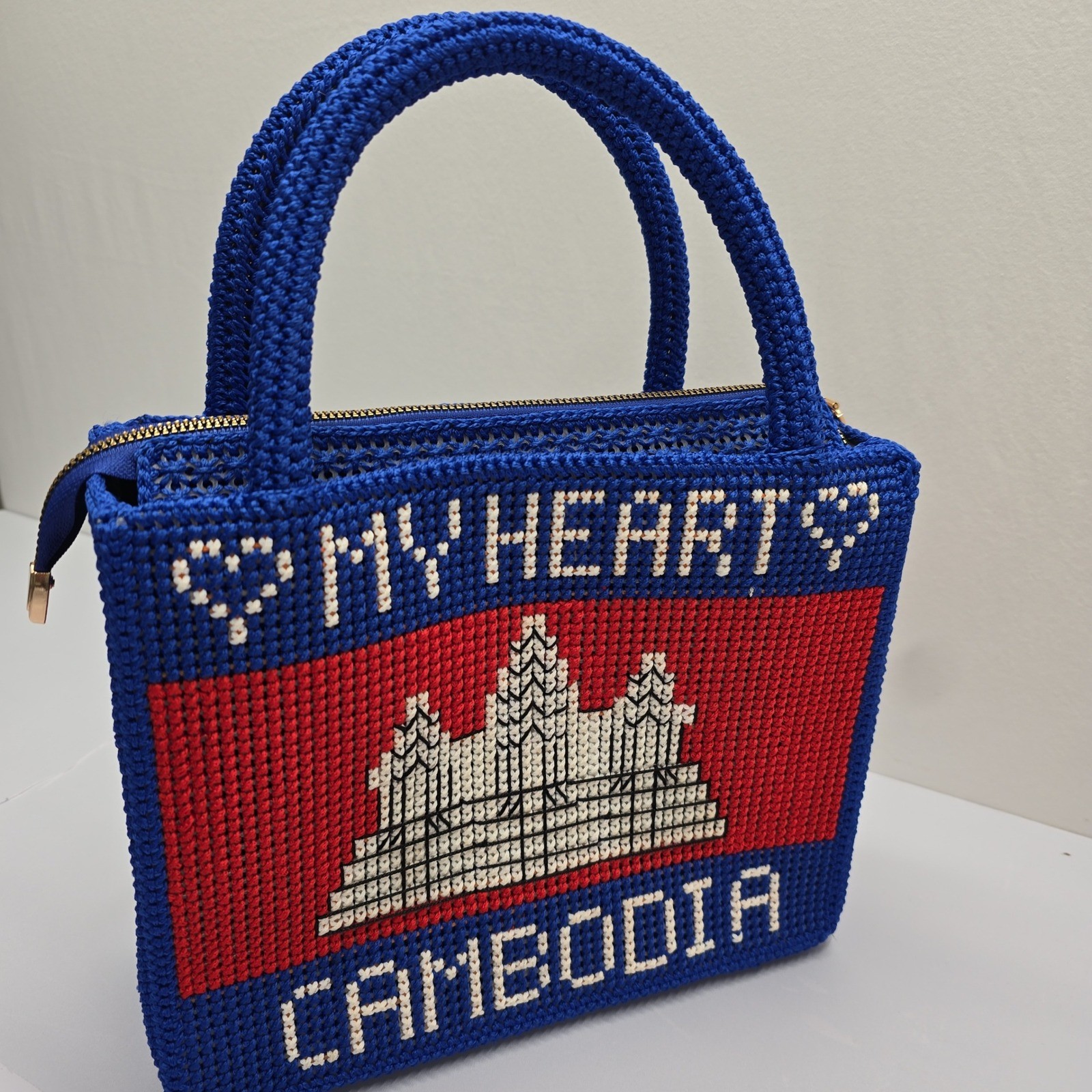 Cambodia My Heart Angkor Wat Needlepoint Top Handle Bag Blue Red Souvenir