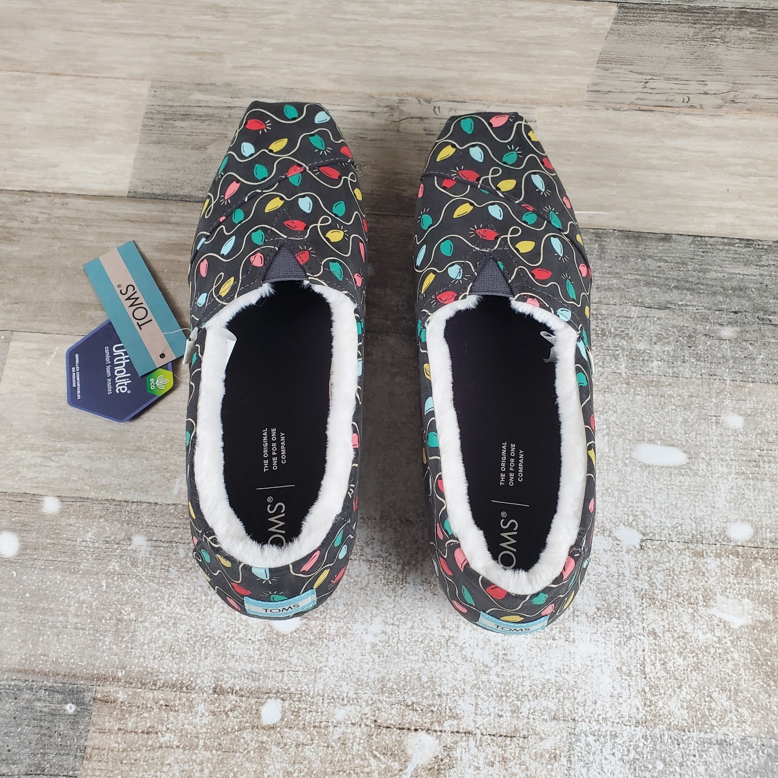 Toms Alpargata Womens Flat 9.5 Black Forged Iron Tree Lights Print Slip On Shoes