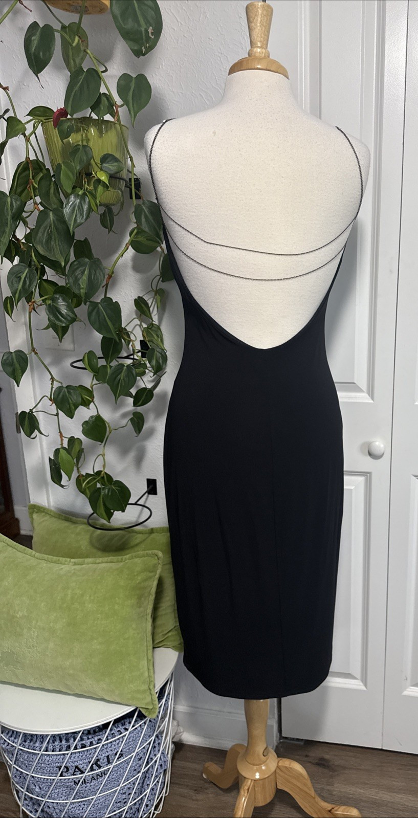 Vintage Laundry By Shelli Segal Black Open Back Midi Dress Minimalist 90s Y2K