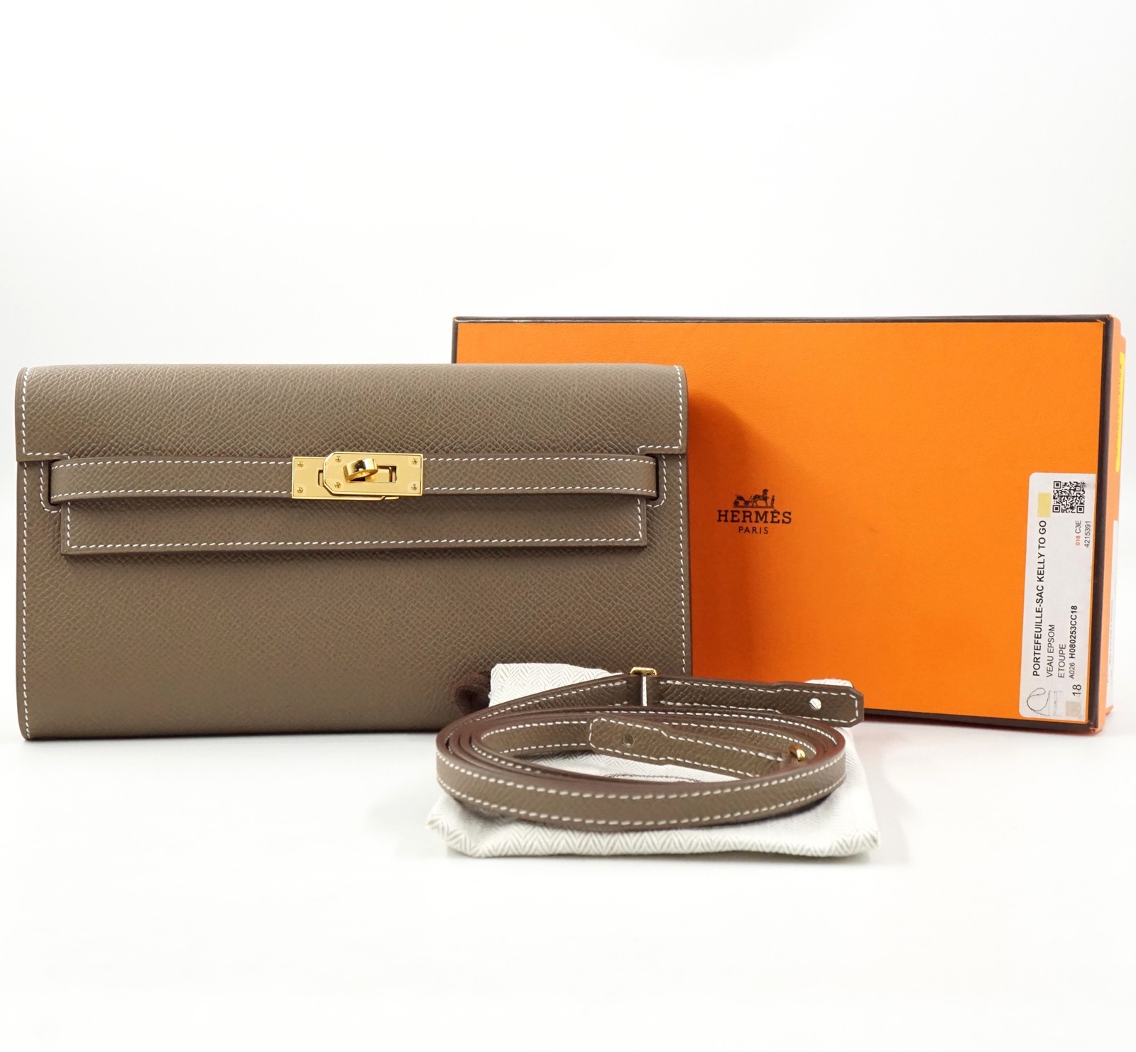 Hermes Kelly Classique To-Go Long Wallet With Strap In Etoupe Epsom Calfskin