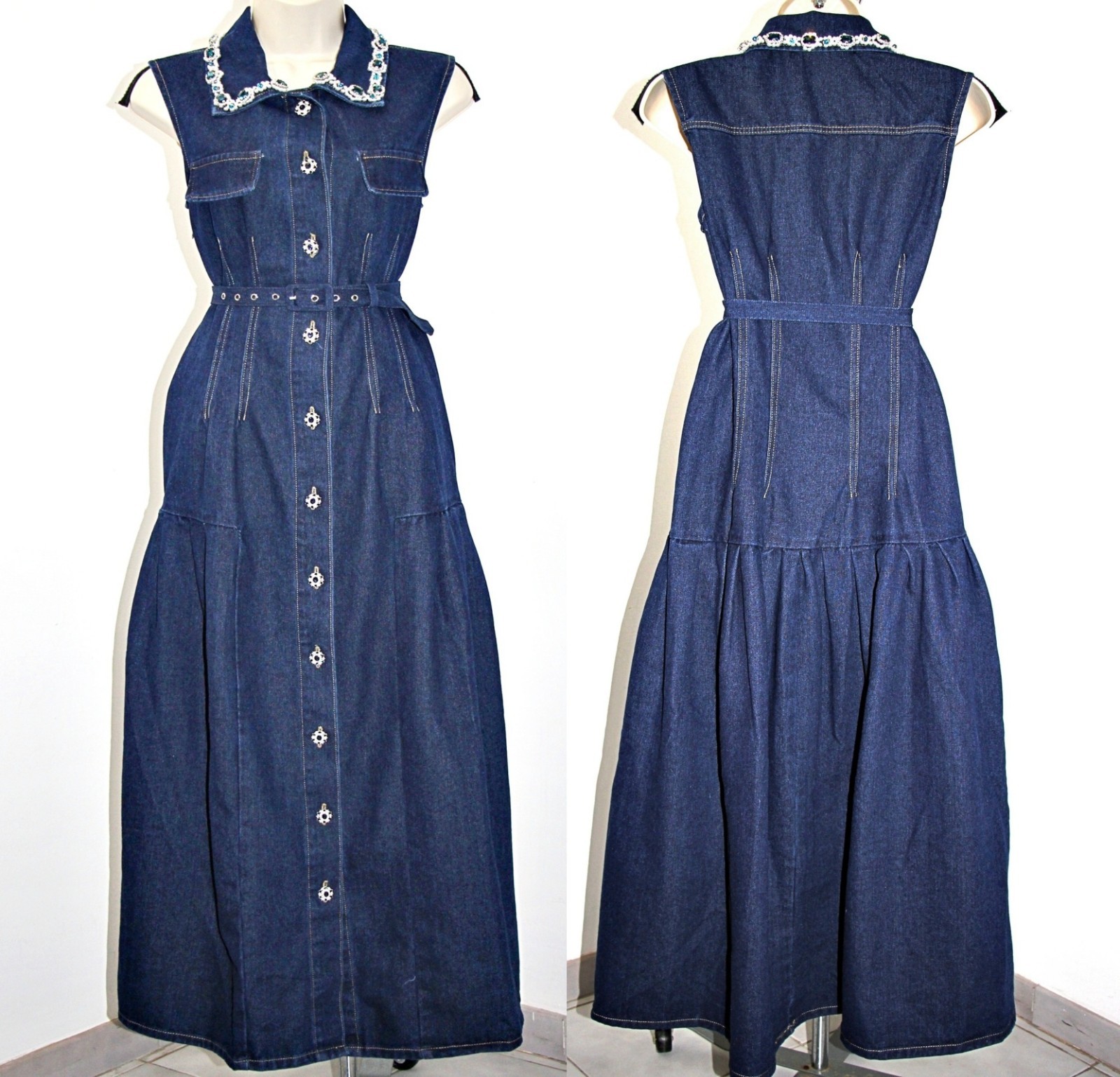 Dalia MacPhee Rhinestone Embellished Belted Tiered 56″ Long Denim Shirt Dress M