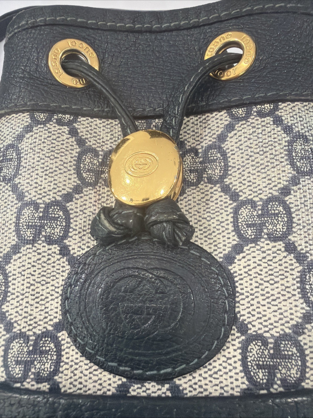 Vintage GUCCI Navy Blue GG Monogram Supreme Drawstring Bucket Bag Shoulder Purse